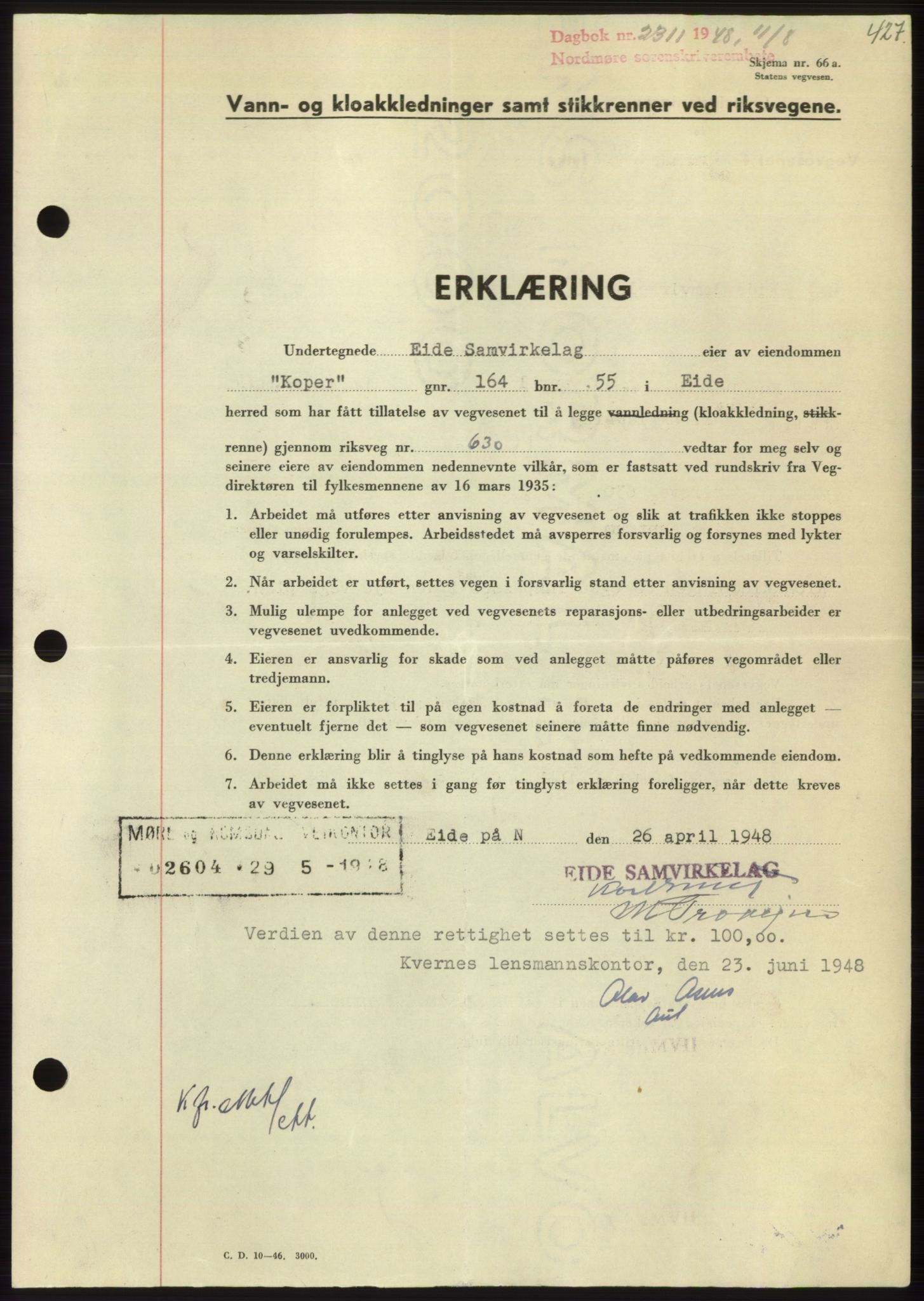 Nordmøre sorenskriveri, SAT/A-4132/1/2/2Ca: Pantebok nr. B99, 1948-1948, Dagboknr: 2311/1948