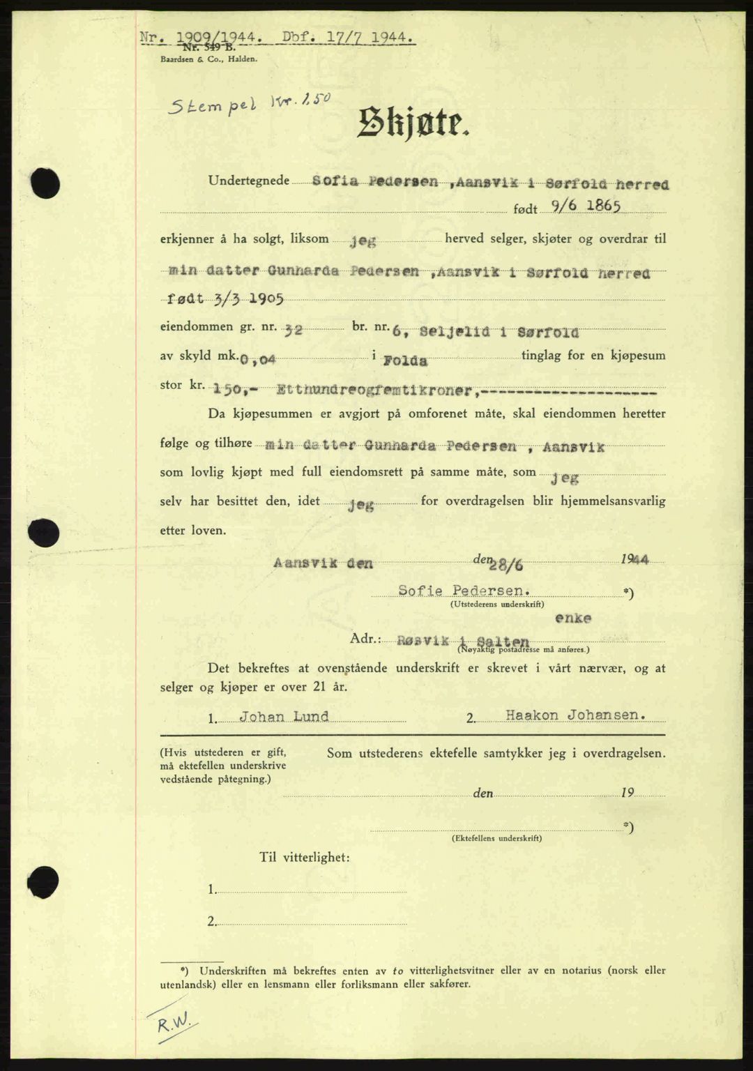Salten sorenskriveri, SAT/A-4578/1/2/2C: Pantebok nr. A14-15, 1943-1945, Dagboknr: 1909/1944