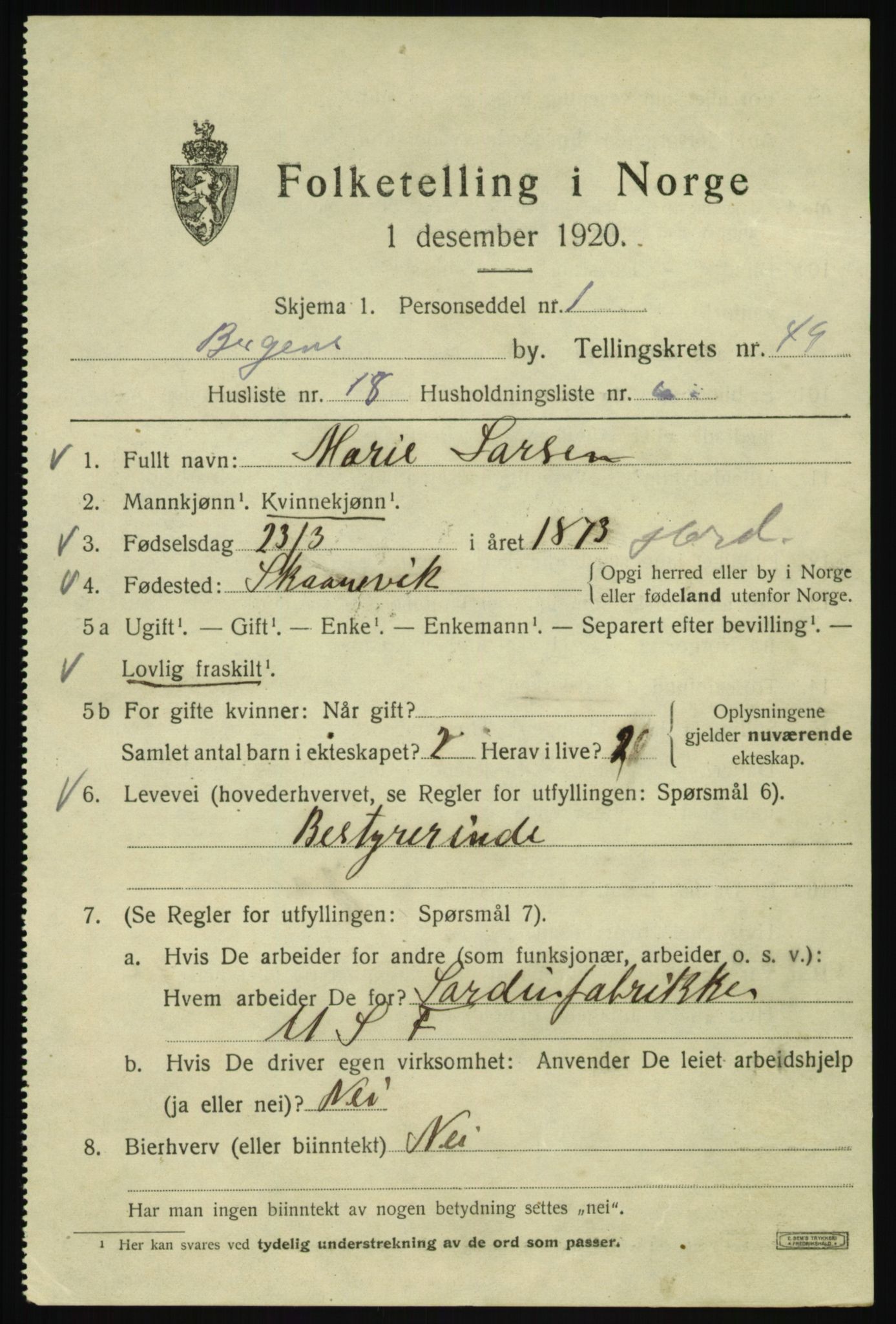 SAB, Folketelling 1920 for 1301 Bergen kjøpstad, 1920, s. 118425