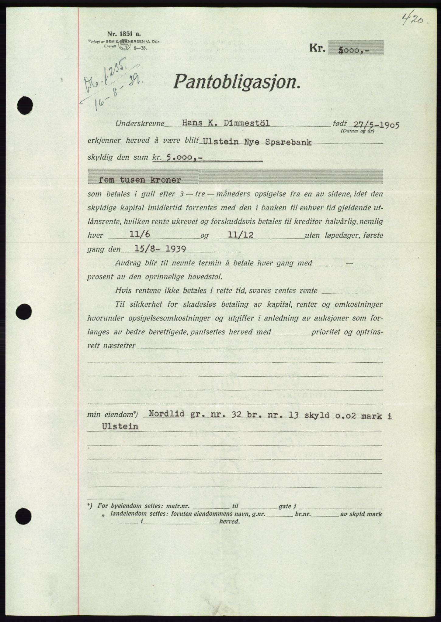 Søre Sunnmøre sorenskriveri, AV/SAT-A-4122/1/2/2C/L0068: Pantebok nr. 62, 1939-1939, Dagboknr: 1235/1939