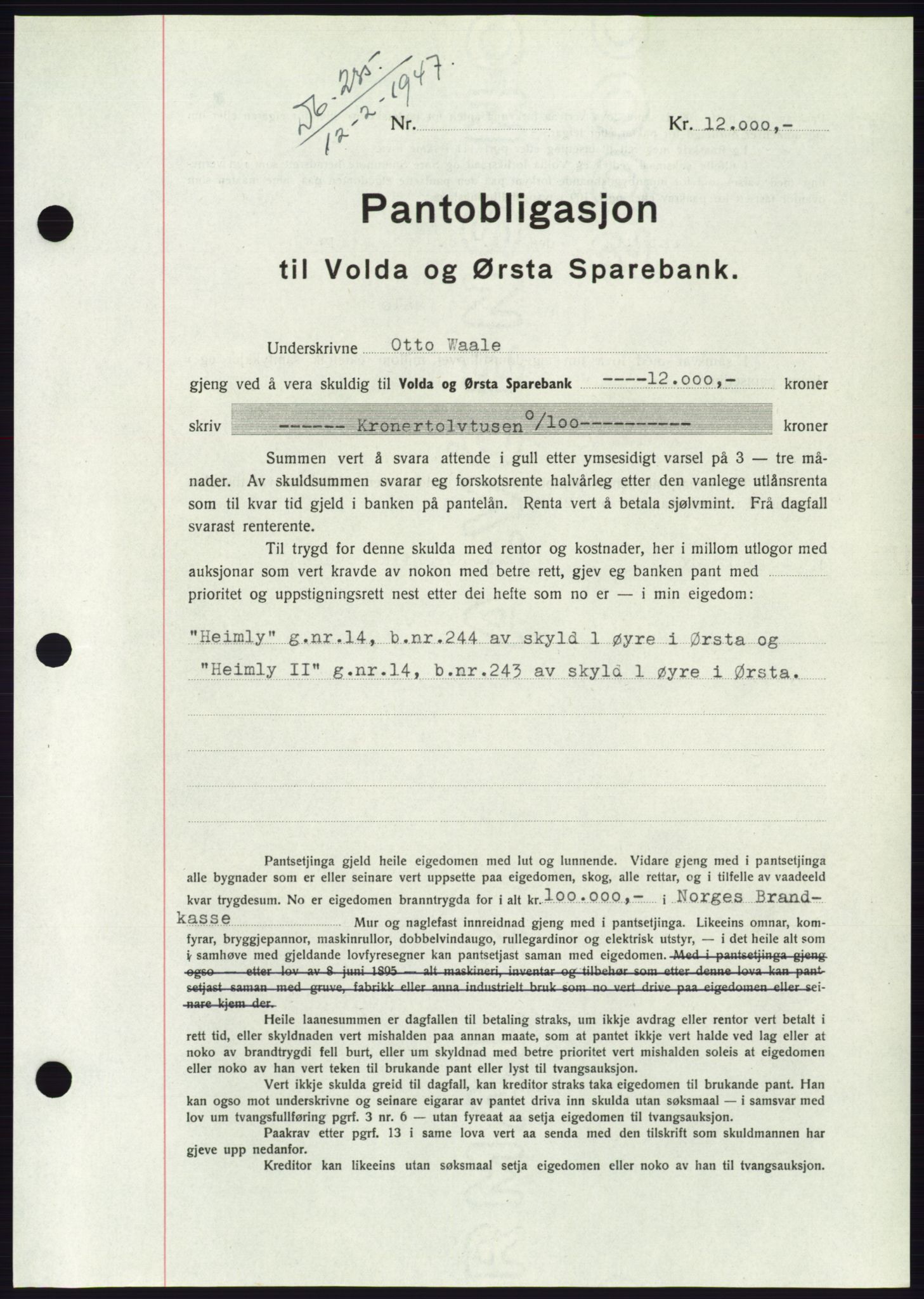 Søre Sunnmøre sorenskriveri, AV/SAT-A-4122/1/2/2C/L0114: Pantebok nr. 1-2B, 1943-1947, Dagboknr: 235/1947