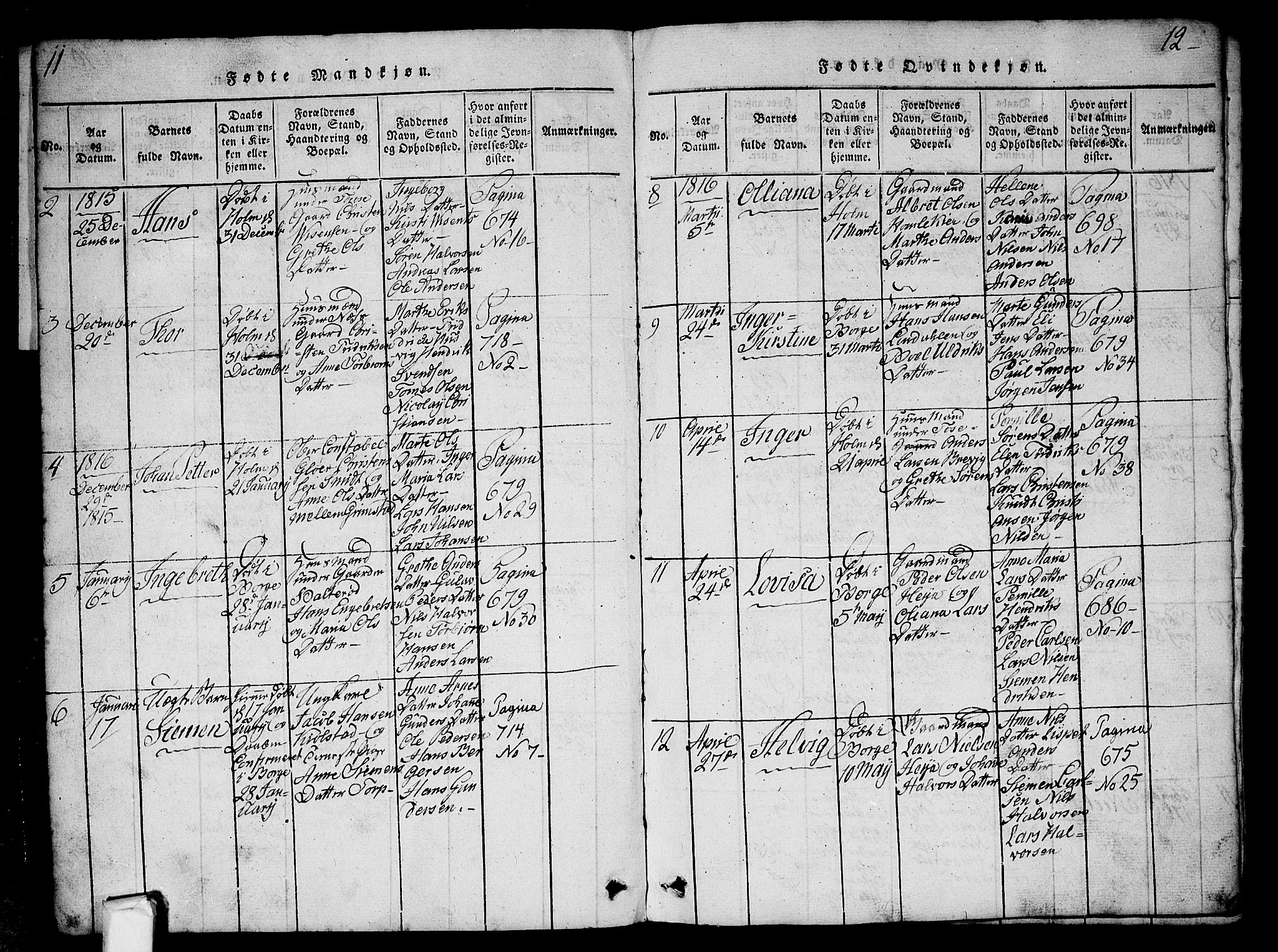 Borge prestekontor Kirkebøker, SAO/A-10903/G/Ga/L0001: Klokkerbok nr.  I 1, 1815-1835, s. 11-12