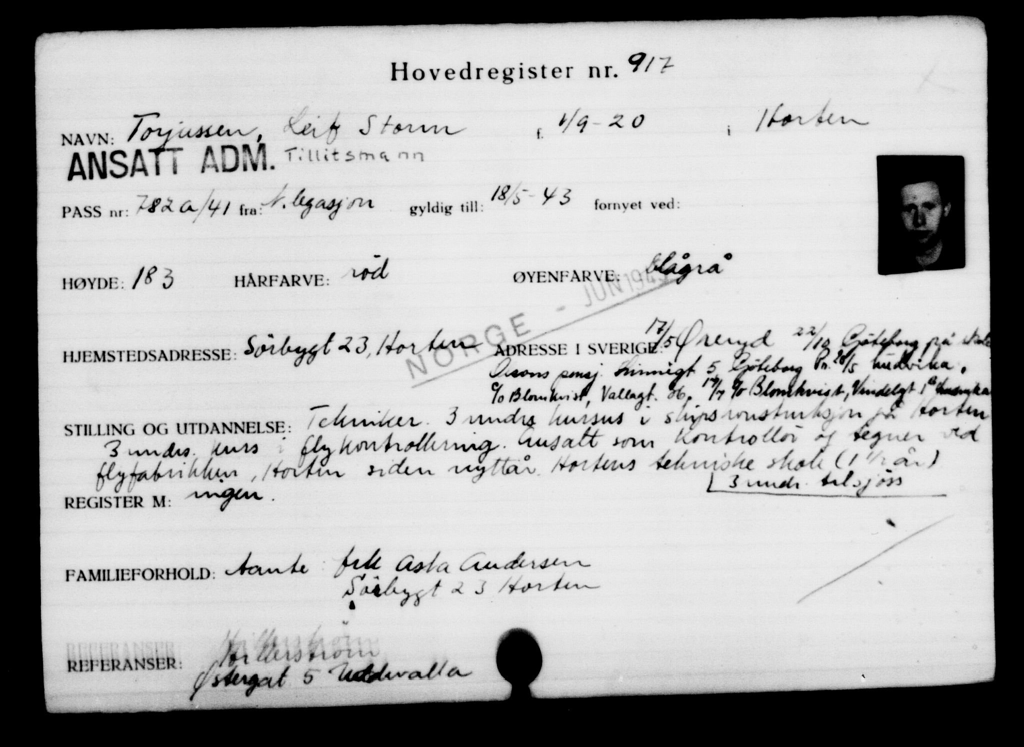 Utenriksstasjonene, Legasjonen i Stockholm, Flyktningkontoret, AV/RA-S-6753/V/Va/L0001: Kjesäterkartoteket, flyktninger med registreringsnr. 1-1000, 1940-1945, s. 1442