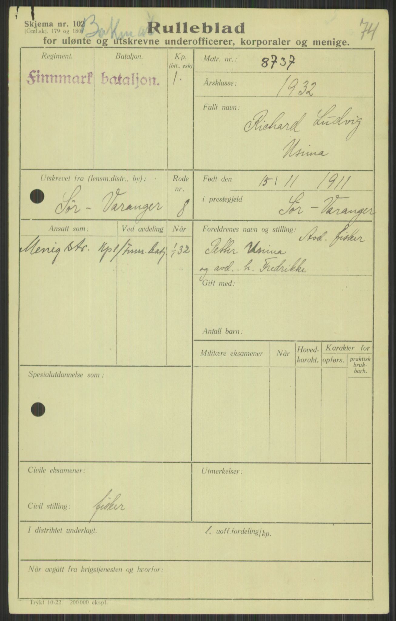 Forsvaret, Varanger bataljon, AV/RA-RAFA-2258/1/D/L0440: Rulleblad for fødte 1892-1912, 1892-1912, s. 1481