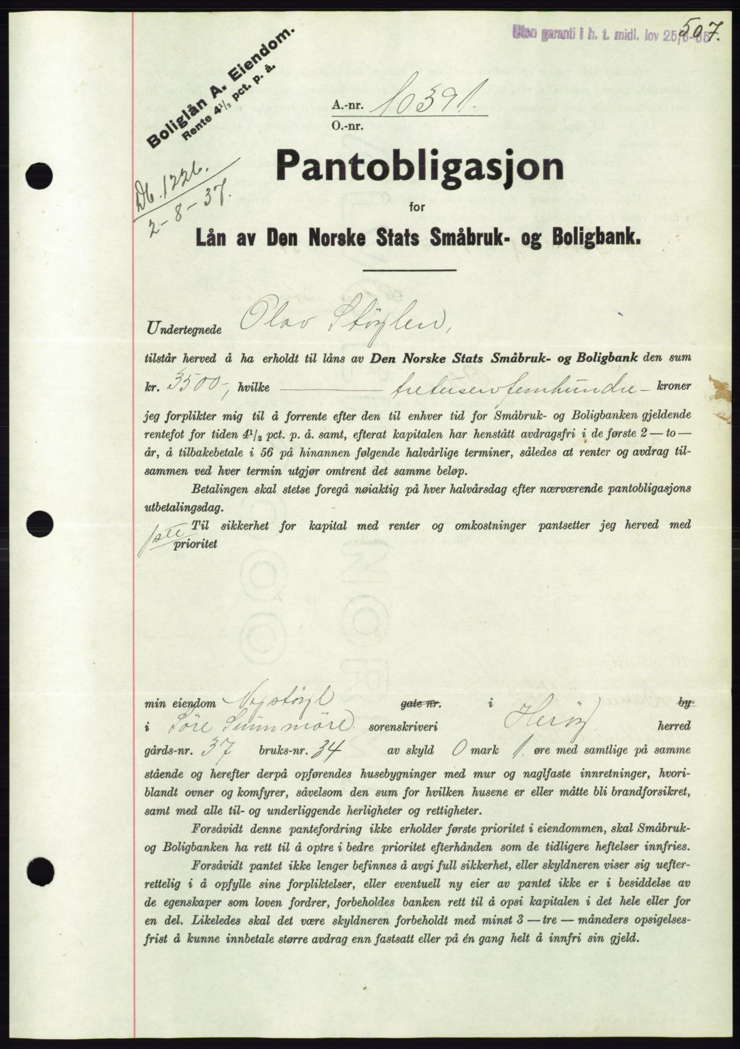 Søre Sunnmøre sorenskriveri, AV/SAT-A-4122/1/2/2C/L0063: Pantebok nr. 57, 1937-1937, Dagboknr: 1226/1937