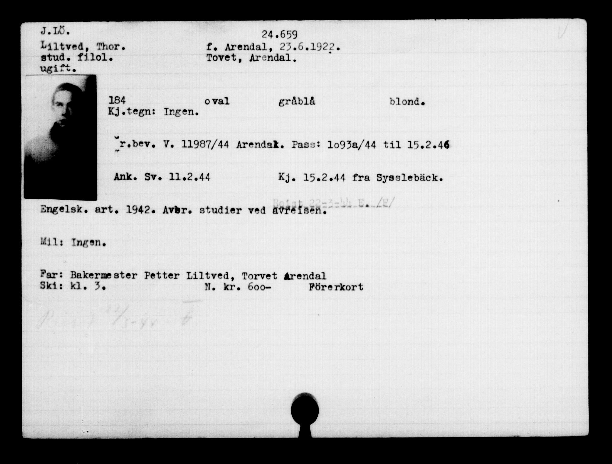 Utenriksstasjonene, Legasjonen i Stockholm, Flyktningkontoret, AV/RA-S-6753/V/Va/L0010: Kjesäterkartoteket, flyktninger med registreringsnr. 22000-25314, 1940-1945, s. 2799