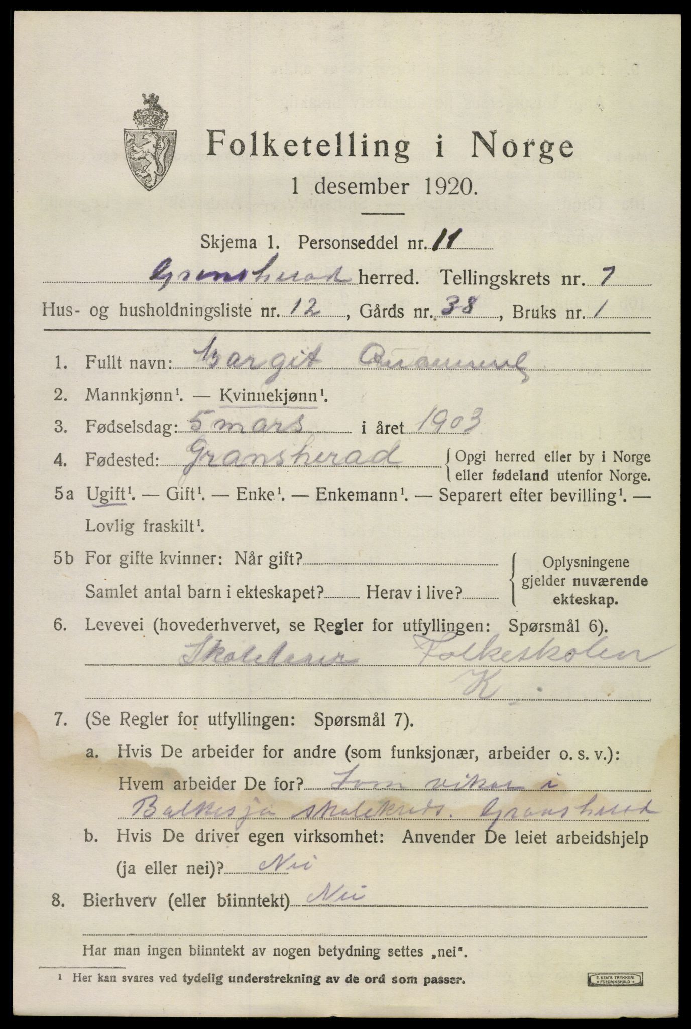 SAKO, Folketelling 1920 for 0824 Gransherad herred, 1920, s. 2966