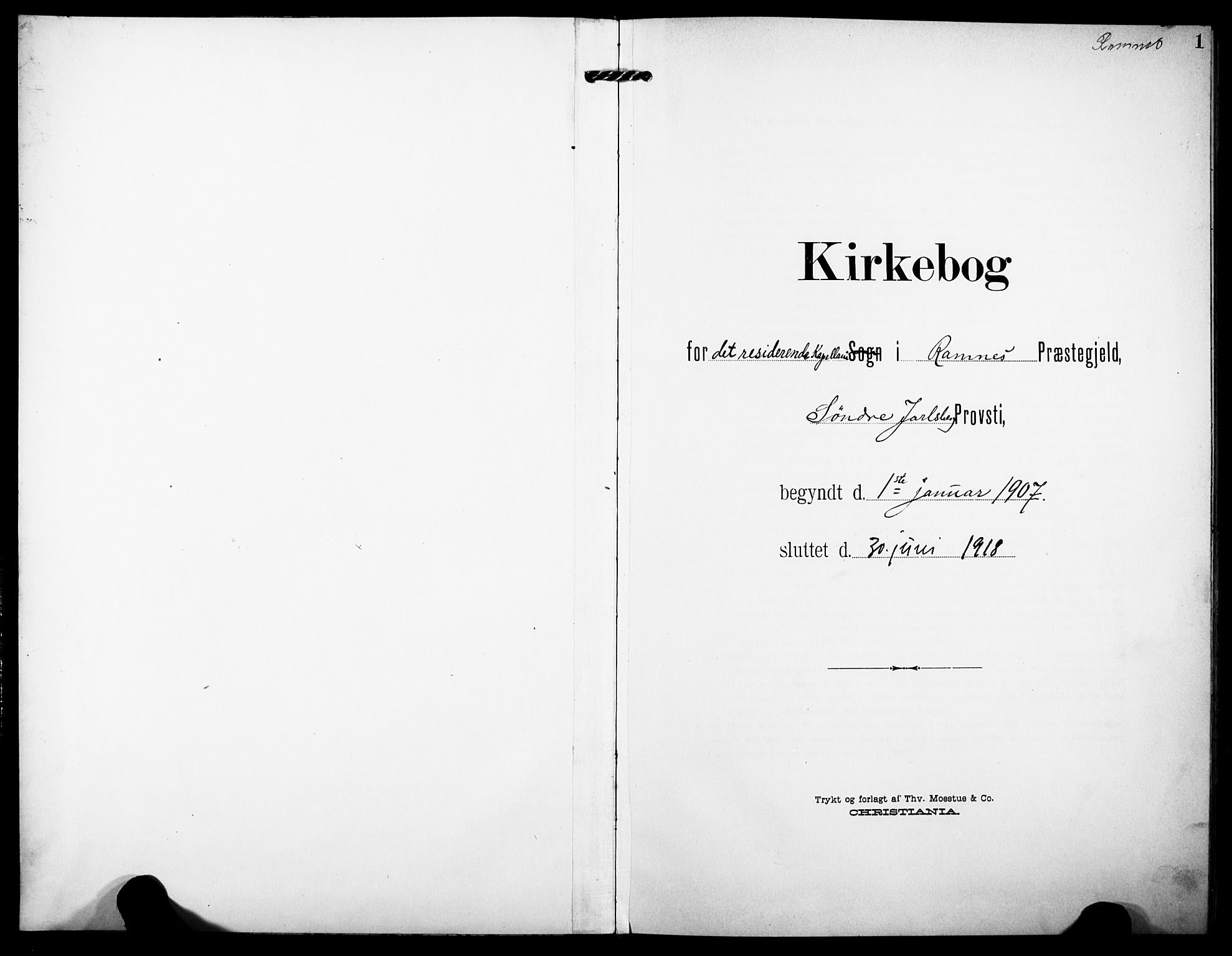 Ramnes kirkebøker, AV/SAKO-A-314/F/Fd/L0004: Residerende kapellans bok nr. IV 4, 1907-1919, s. 1