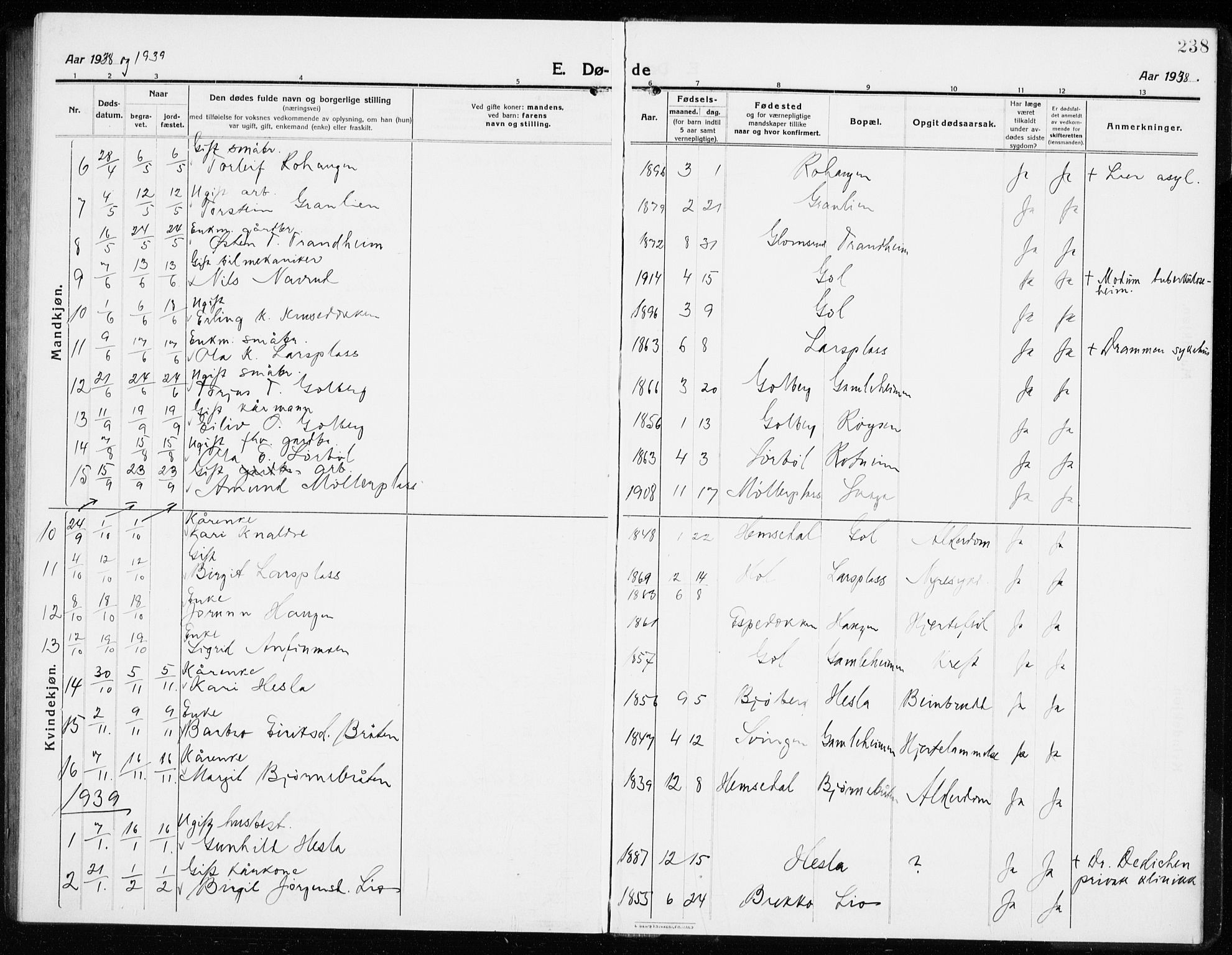 Gol kirkebøker, AV/SAKO-A-226/G/Ga/L0004: Klokkerbok nr. I 4, 1915-1943, s. 238