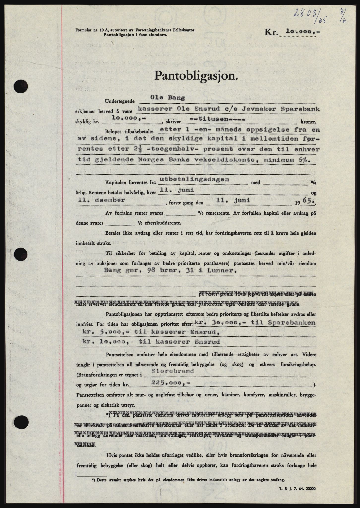 Hadeland og Land tingrett, SAH/TING-010/H/Hb/Hbc/L0059: Pantebok nr. B59, 1965-1965, Dagboknr: 2803/1965