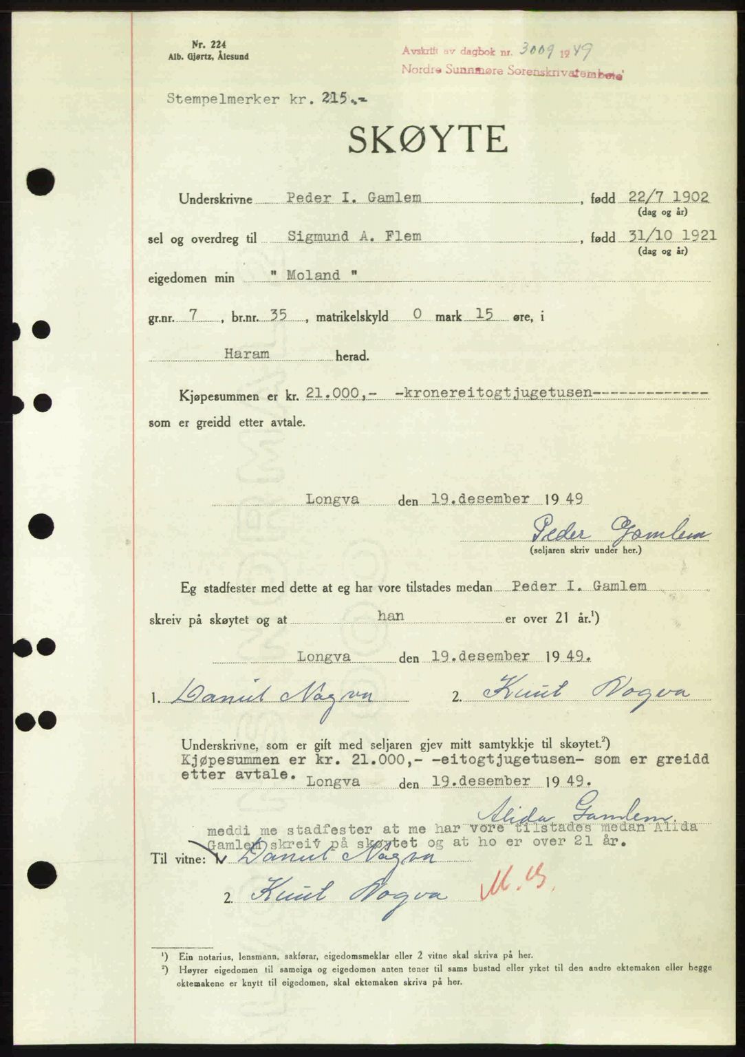 Nordre Sunnmøre sorenskriveri, SAT/A-0006/1/2/2C/2Ca: Pantebok nr. A33, 1949-1950, Dagboknr: 3009/1949