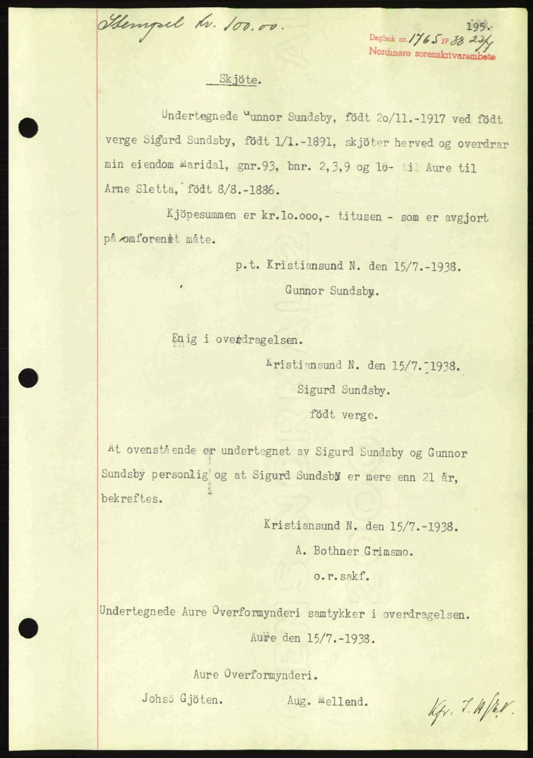 Nordmøre sorenskriveri, SAT/A-4132/1/2/2Ca: Pantebok nr. A84, 1938-1938, Dagboknr: 1765/1938