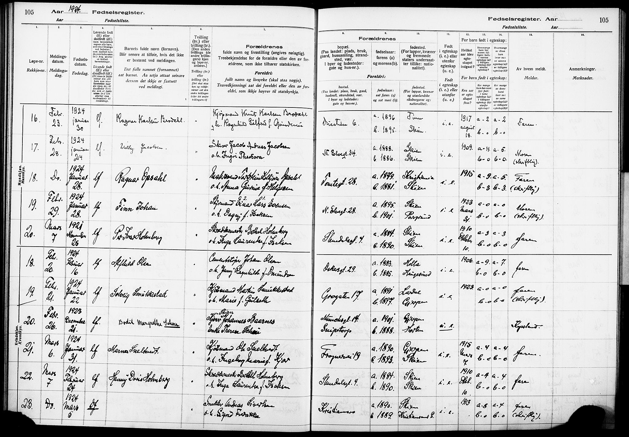 Skien kirkebøker, AV/SAKO-A-302/J/Ja/L0002: Fødselsregister nr. 2, 1921-1927, s. 105