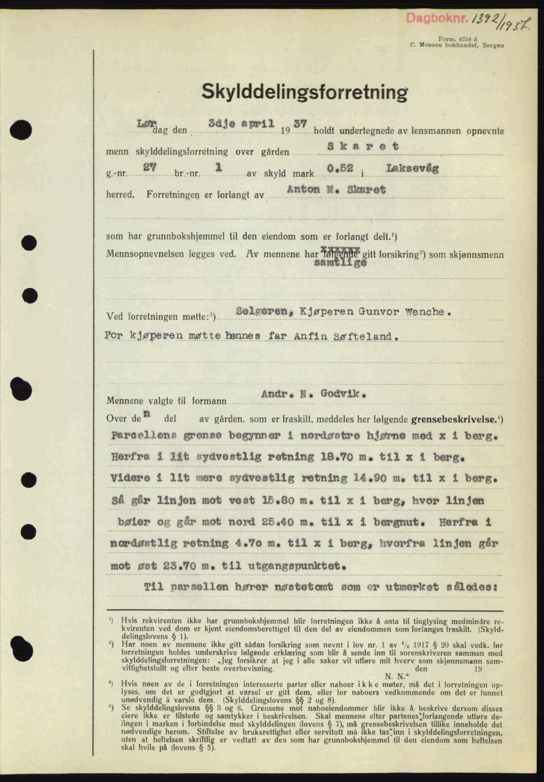 Midhordland sorenskriveri, SAB/A-3001/1/G/Gb/Gbk/L0001: Pantebok nr. A1-6, 1936-1937, Dagboknr: 1392/1937