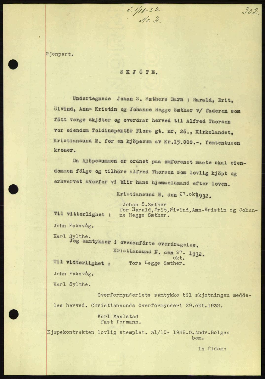 Kristiansund byfogd, SAT/A-4587/A/27: Pantebok nr. 26, 1931-1933, Tingl.dato: 01.11.1932