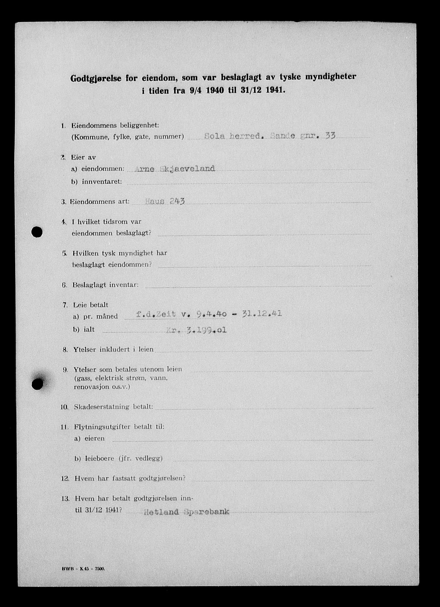 Justisdepartementet, Tilbakeføringskontoret for inndratte formuer, AV/RA-S-1564/I/L1015: Godtgjørelse for beslaglagt eiendom, 1940-1941, s. 179
