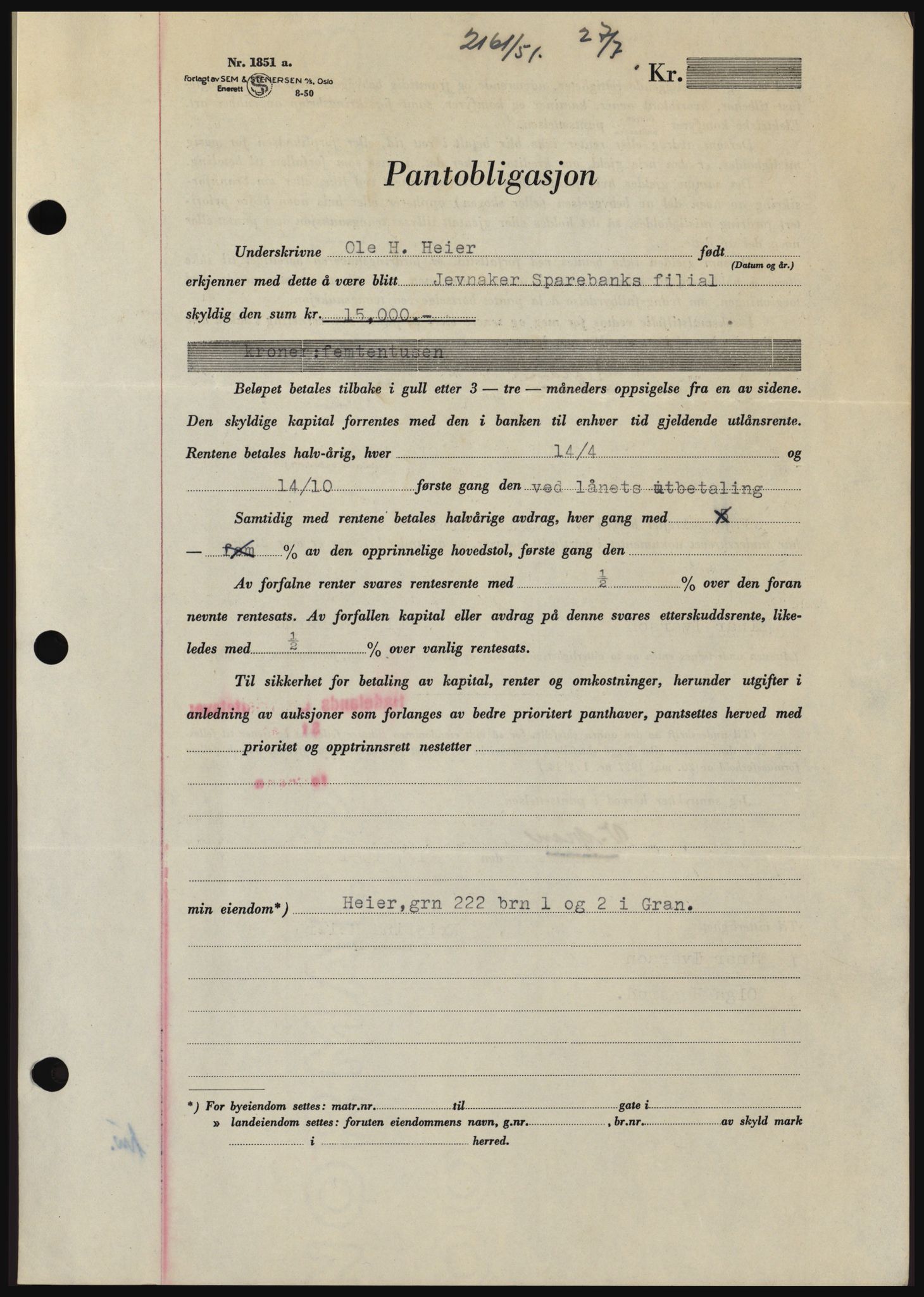 Hadeland og Land tingrett, SAH/TING-010/H/Hb/Hbc/L0022: Pantebok nr. B22, 1951-1951, Dagboknr: 2161/1951