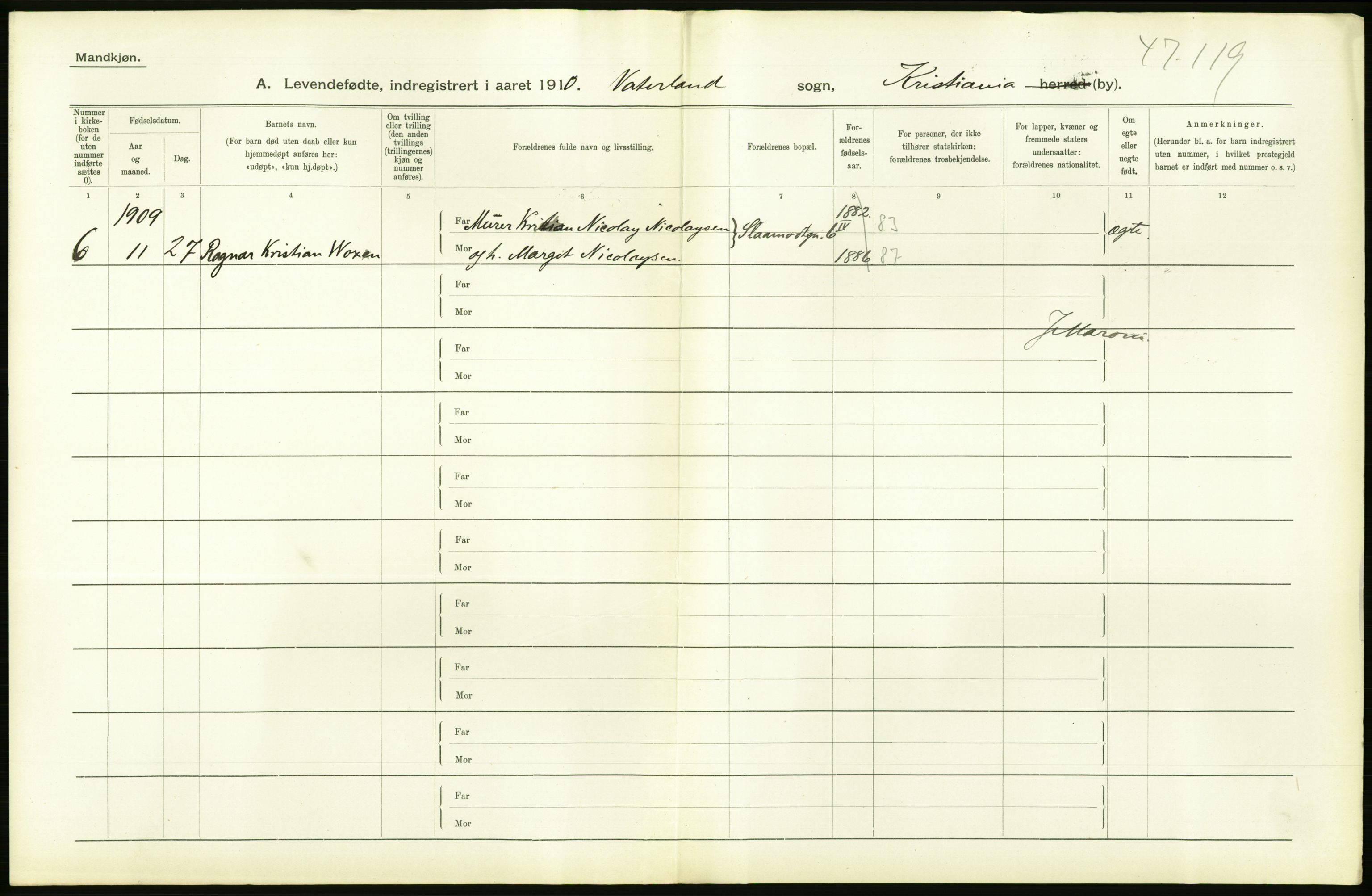 Statistisk sentralbyrå, Sosiodemografiske emner, Befolkning, AV/RA-S-2228/D/Df/Dfa/Dfah/L0006: Kristiania: Levendefødte menn., 1910, s. 744