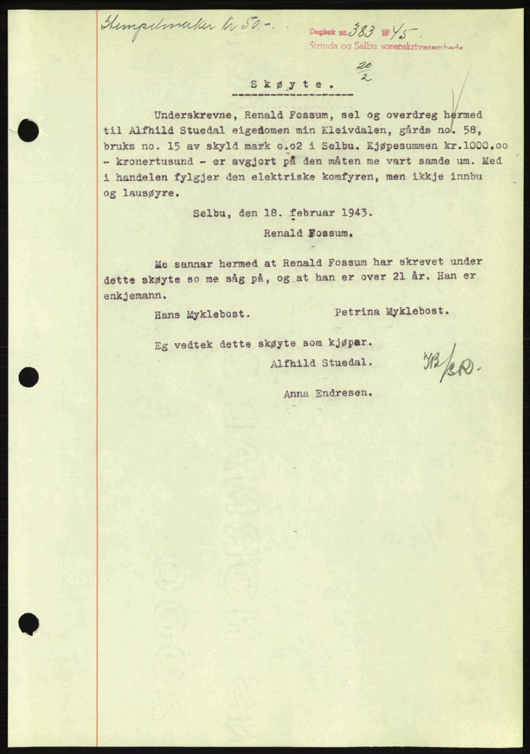 Strinda og Selbu sorenskriveri, SAT/A-0015/2/2C: Pantebok nr. A9, 1944-1945, Dagboknr: 383/1945