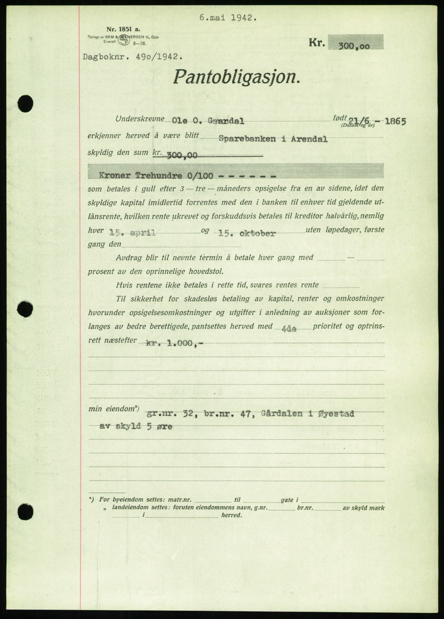 Nedenes sorenskriveri, SAK/1221-0006/G/Gb/Gbb/L0002: Pantebok nr. II, 1942-1945, Dagboknr: 490/1942