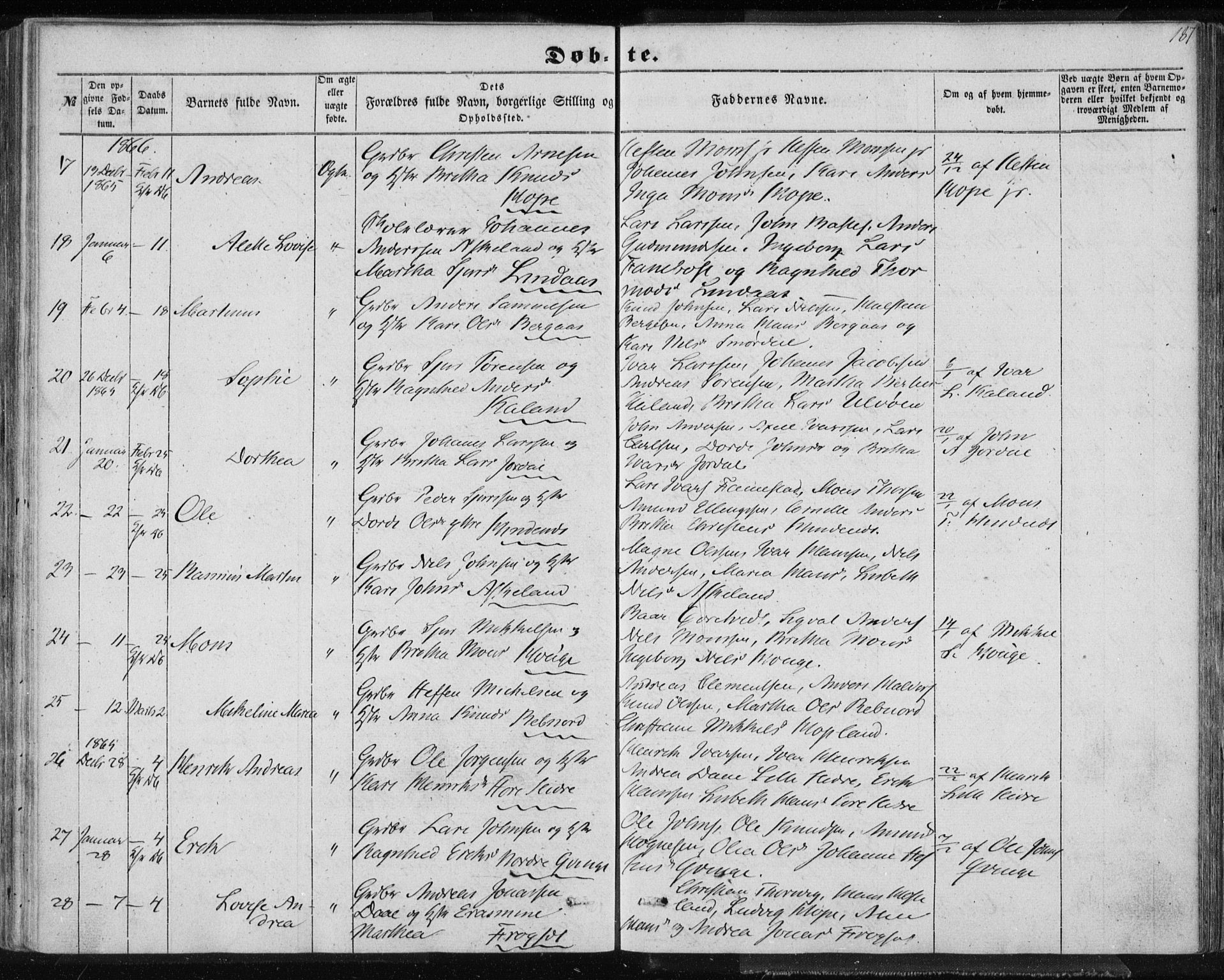 Lindås Sokneprestembete, AV/SAB-A-76701/H/Haa/Haaa/L0011: Ministerialbok nr. A 11, 1854-1869, s. 187