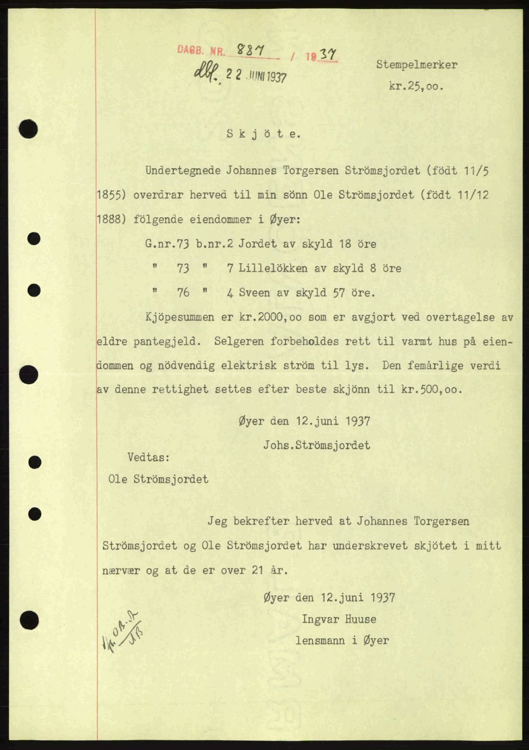 Sør-Gudbrandsdal tingrett, SAH/TING-004/H/Hb/Hbd/L0002: Pantebok nr. A2, 1936-1937, Dagboknr: 887/1937