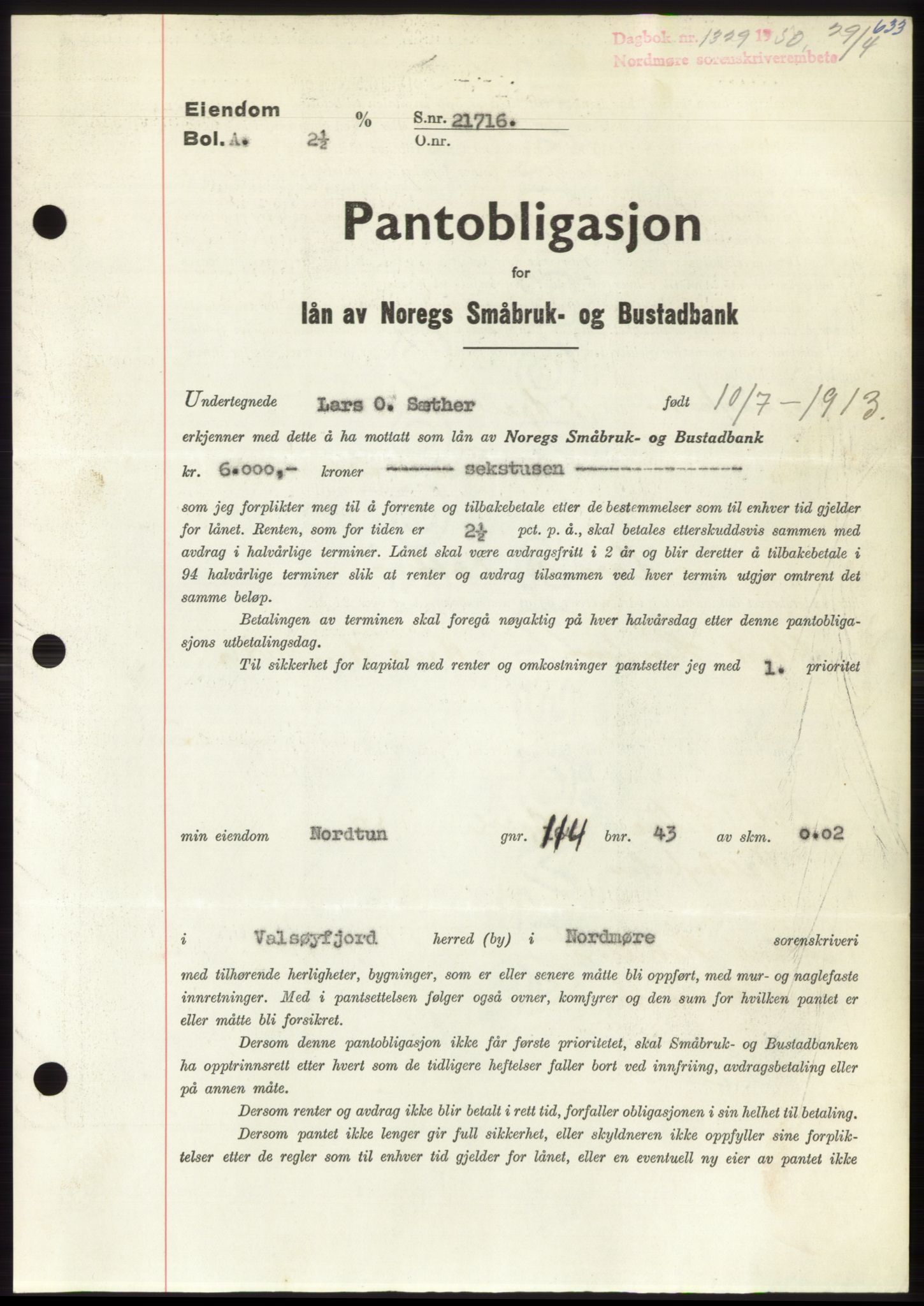 Nordmøre sorenskriveri, SAT/A-4132/1/2/2Ca: Pantebok nr. B104, 1950-1950, Dagboknr: 1329/1950