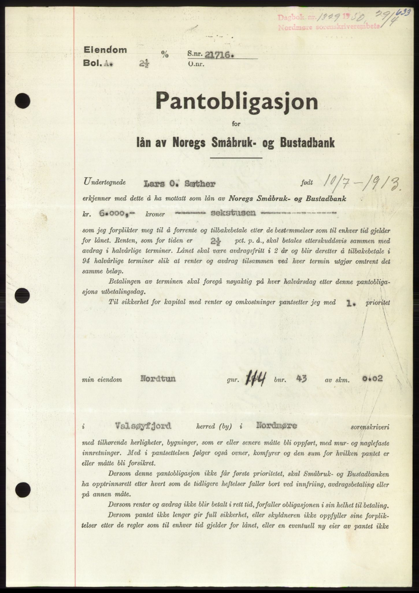 Nordmøre sorenskriveri, AV/SAT-A-4132/1/2/2Ca: Pantebok nr. B104, 1950-1950, Dagboknr: 1329/1950