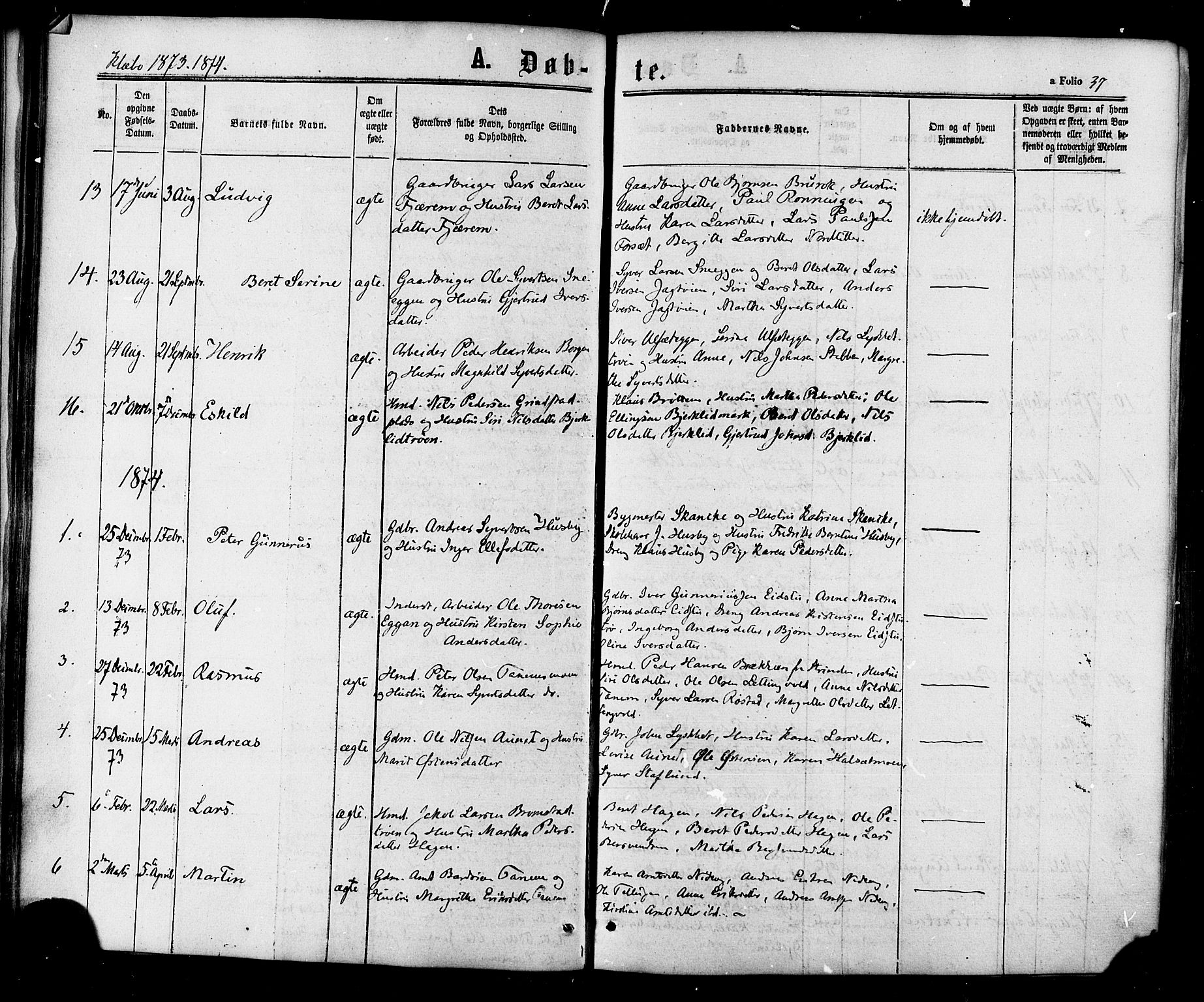 Ministerialprotokoller, klokkerbøker og fødselsregistre - Sør-Trøndelag, AV/SAT-A-1456/618/L0442: Ministerialbok nr. 618A06 /1, 1863-1879, s. 37