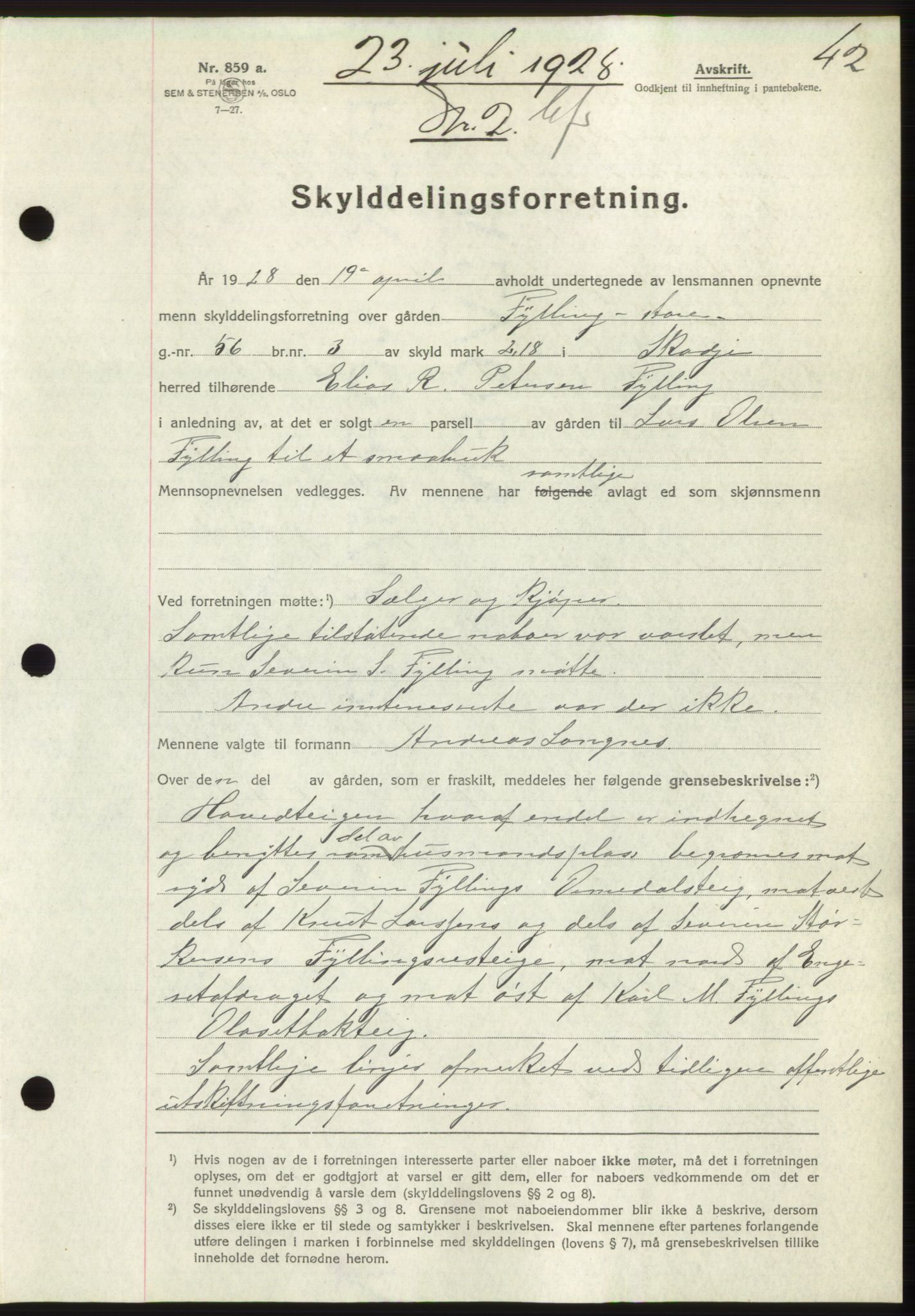 Nordre Sunnmøre sorenskriveri, SAT/A-0006/1/2/2C/2Ca/L0042: Pantebok nr. 42, 1928-1928, Tingl.dato: 23.07.1928