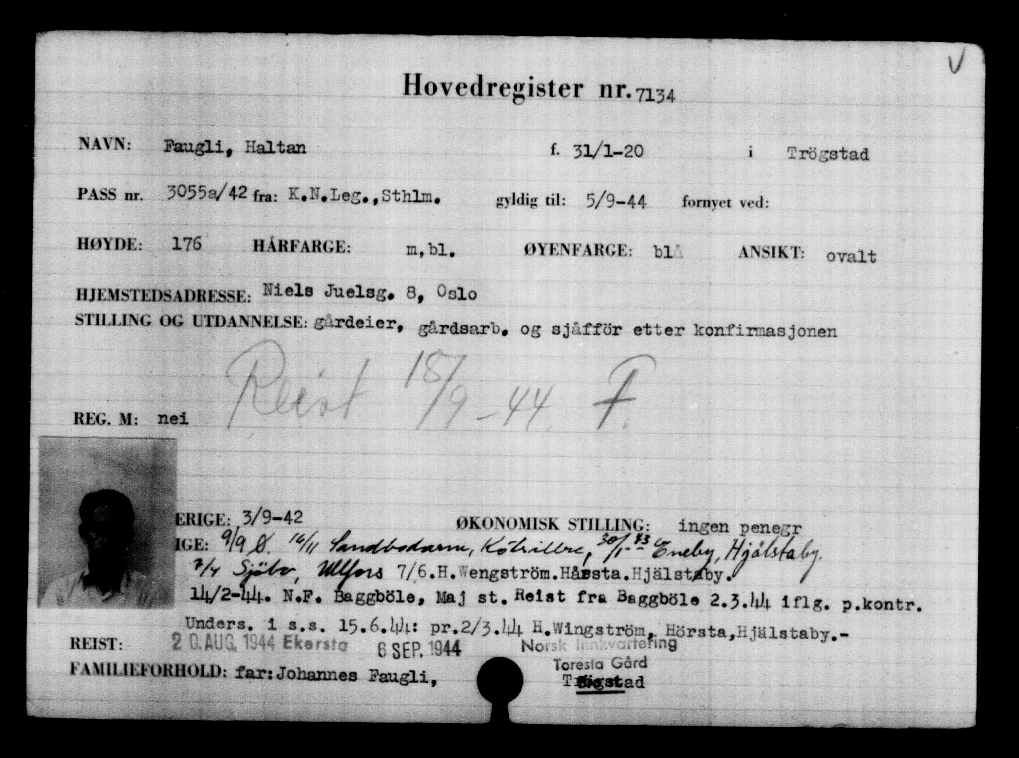 Utenriksstasjonene, Legasjonen i Stockholm, Flyktningkontoret, AV/RA-S-6753/V/Va/L0005: Kjesäterkartoteket, flyktninger med registreringsnr. 6600-9417, 1940-1945, s. 641