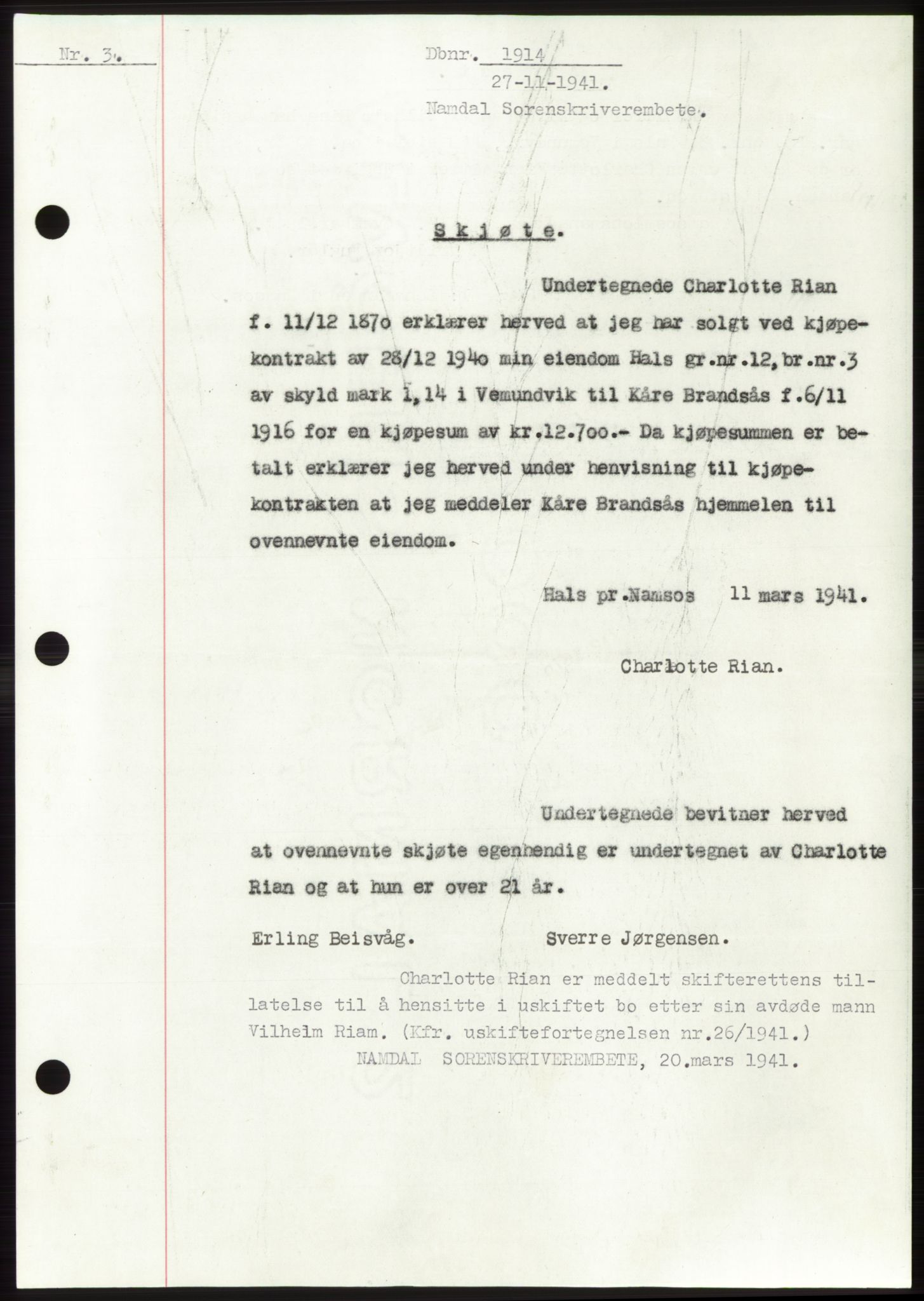 Namdal sorenskriveri, SAT/A-4133/1/2/2C: Pantebok nr. -, 1941-1942, Dagboknr: 1914/1941