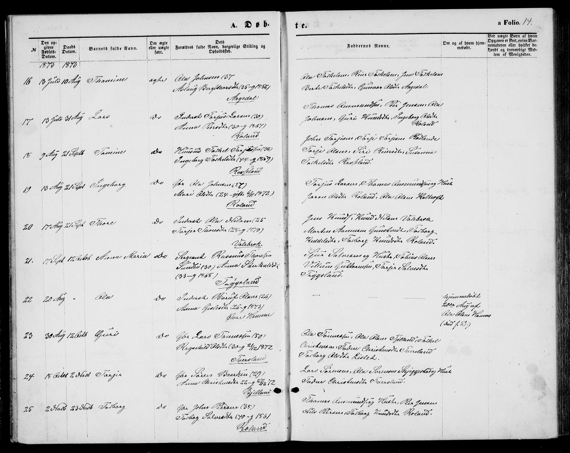 Bjelland sokneprestkontor, AV/SAK-1111-0005/F/Fb/Fba/L0004: Klokkerbok nr. B 4, 1869-1886, s. 14