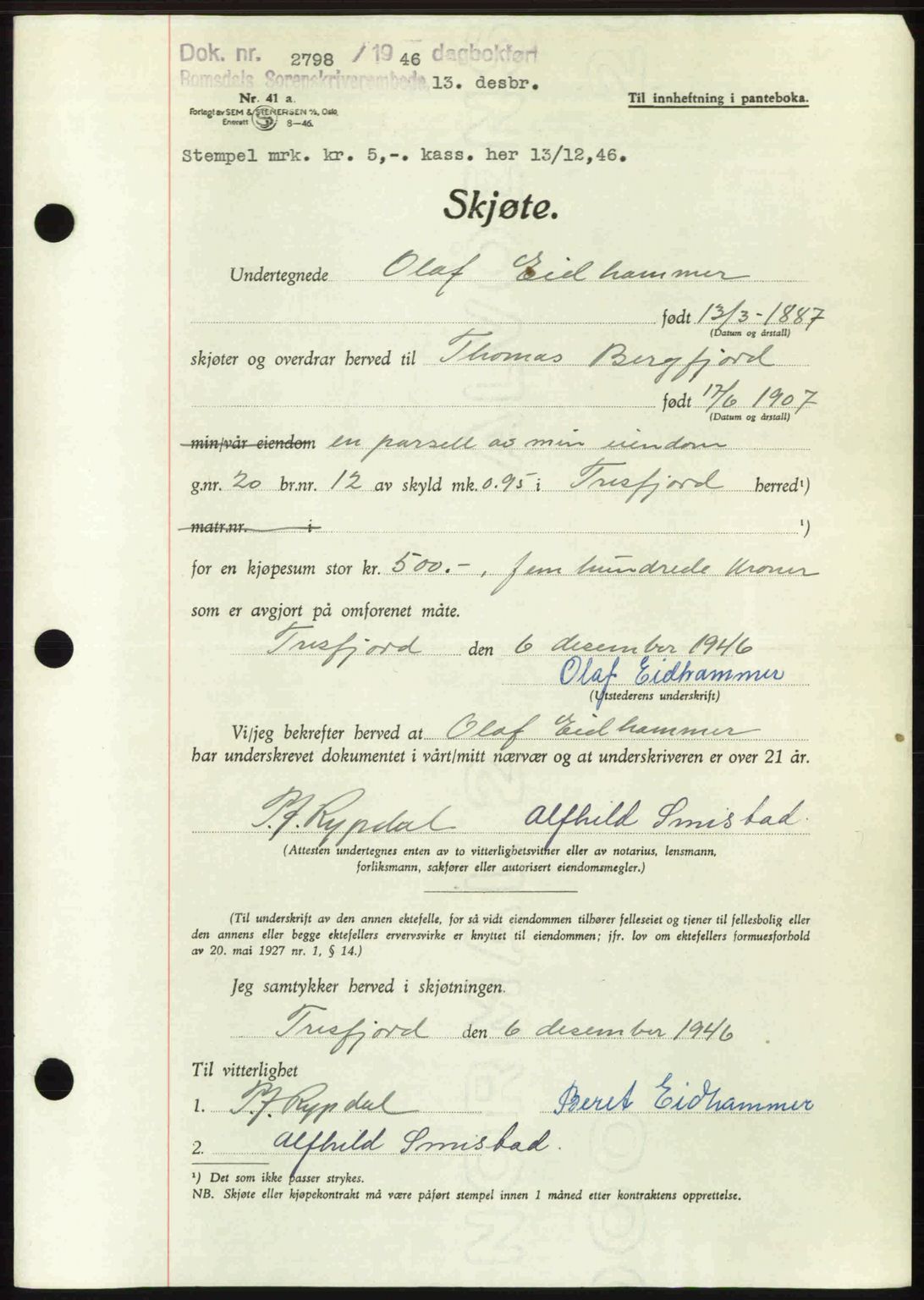 Romsdal sorenskriveri, AV/SAT-A-4149/1/2/2C: Pantebok nr. A21, 1946-1946, Dagboknr: 2798/1946