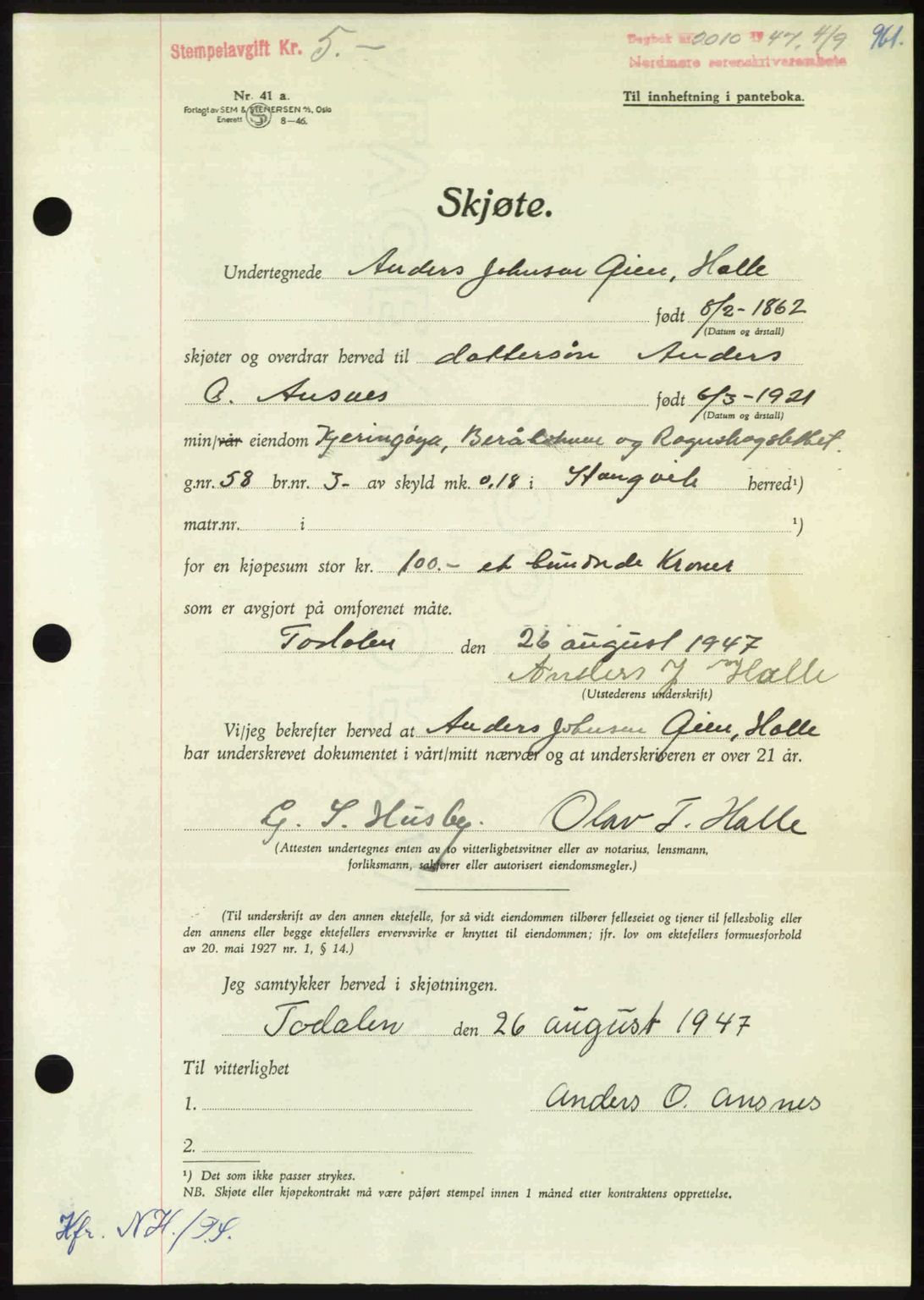 Nordmøre sorenskriveri, AV/SAT-A-4132/1/2/2Ca: Pantebok nr. A105, 1947-1947, Dagboknr: 2010/1947