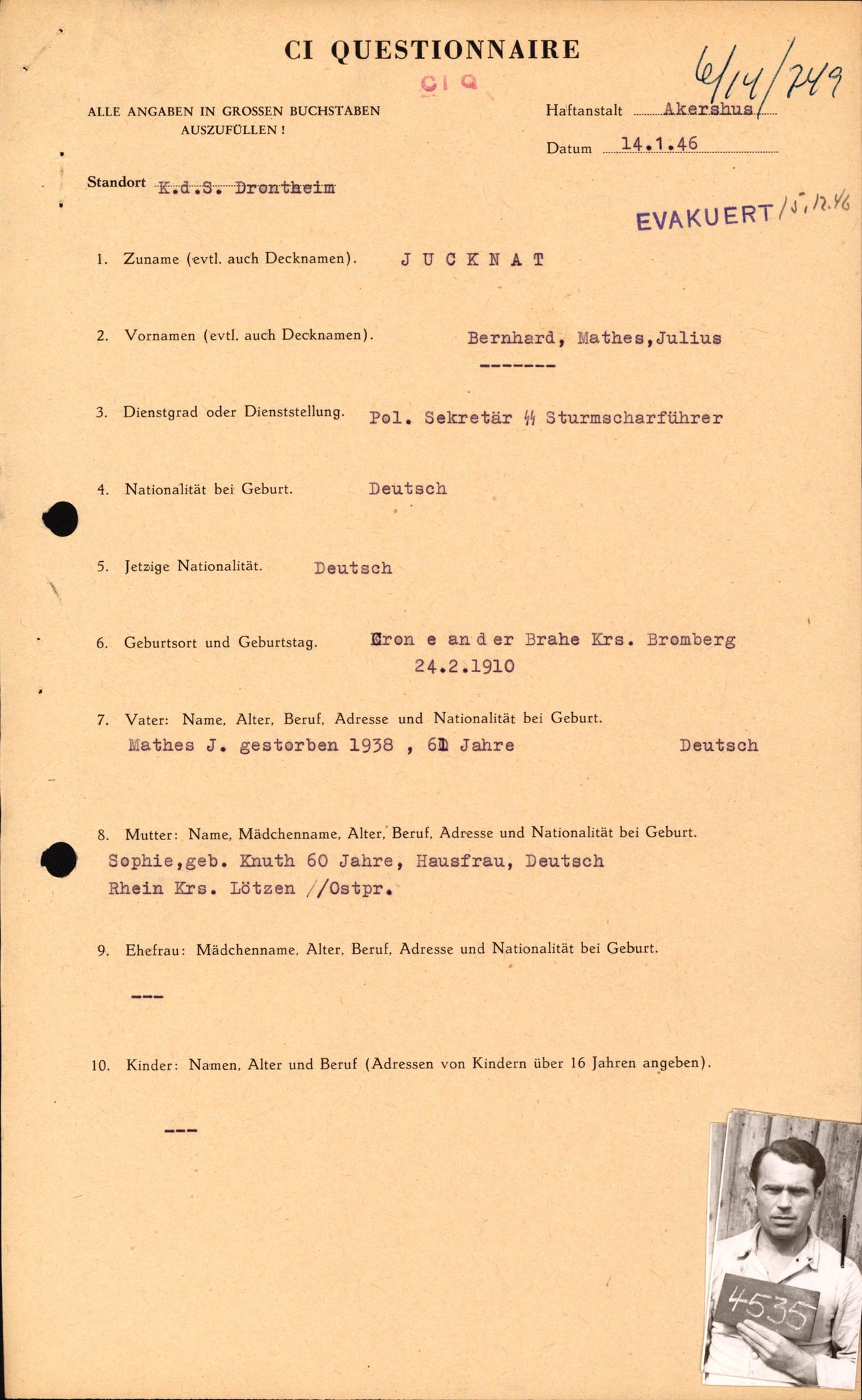 Forsvaret, Forsvarets overkommando II, AV/RA-RAFA-3915/D/Db/L0015: CI Questionaires. Tyske okkupasjonsstyrker i Norge. Tyskere., 1945-1946, s. 167