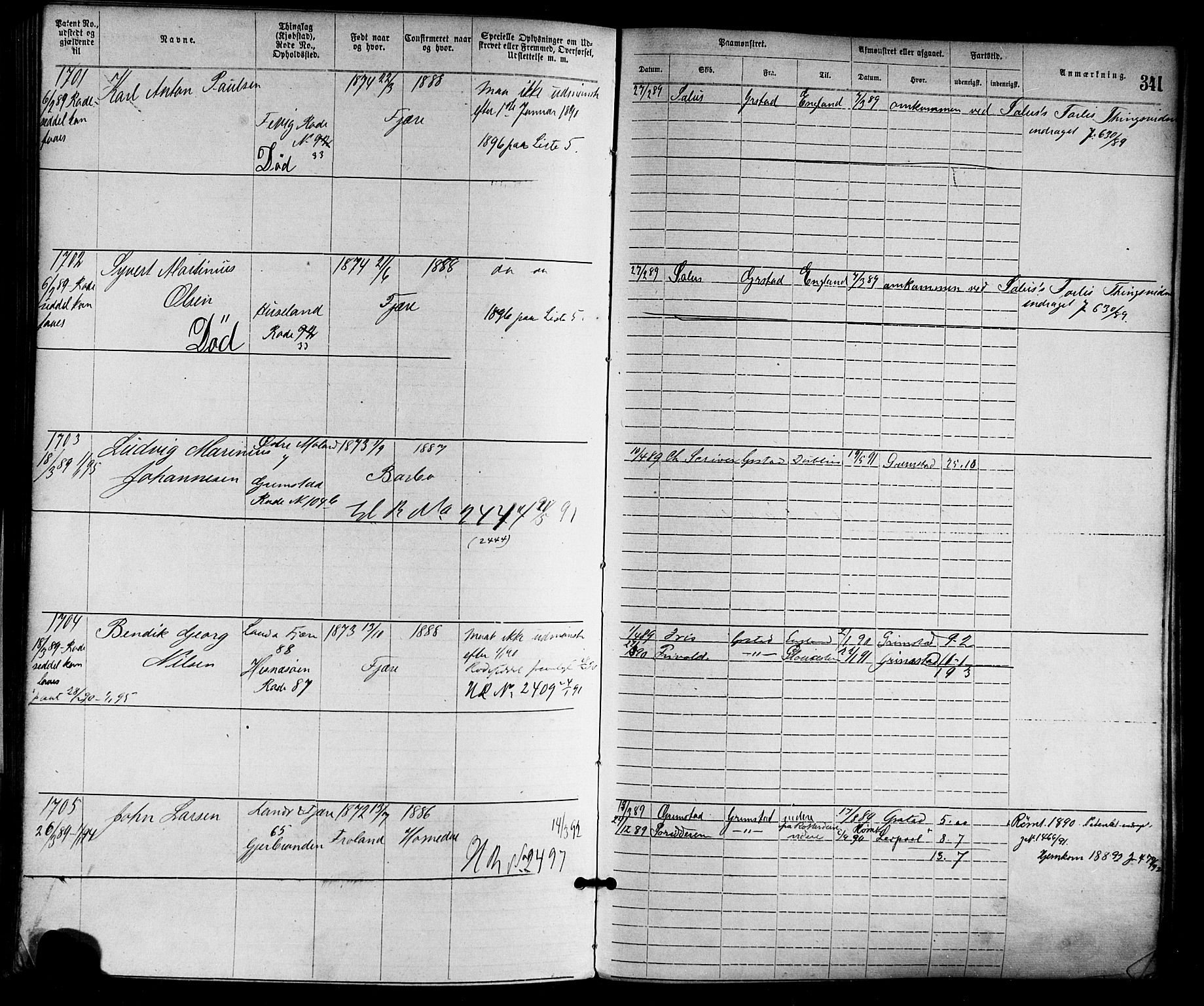 Grimstad mønstringskrets, AV/SAK-2031-0013/F/Fa/L0001: Annotasjonsrulle nr 1-1920 med register, F-1, 1870-1892, s. 374