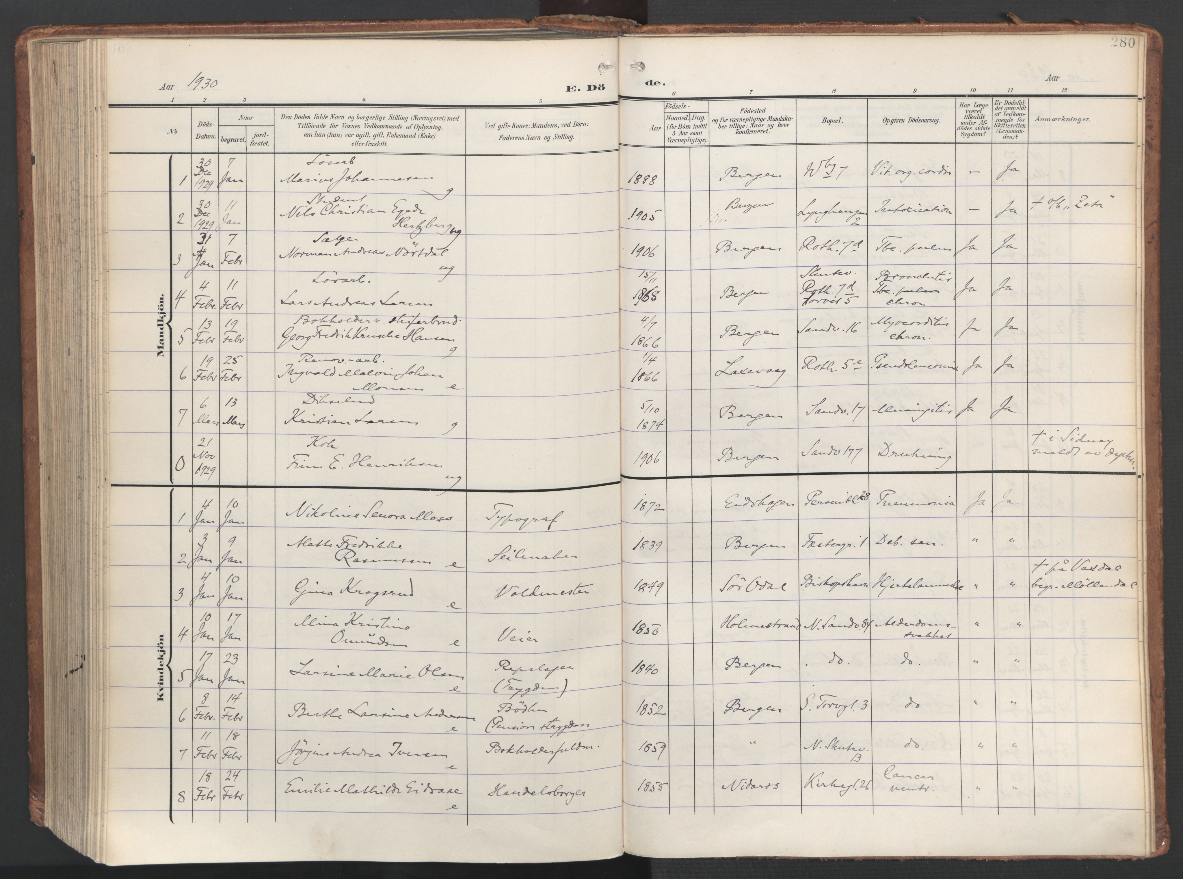 Sandviken Sokneprestembete, AV/SAB-A-77601/H/Ha/L0019: Ministerialbok nr. E 2, 1905-1933, s. 280