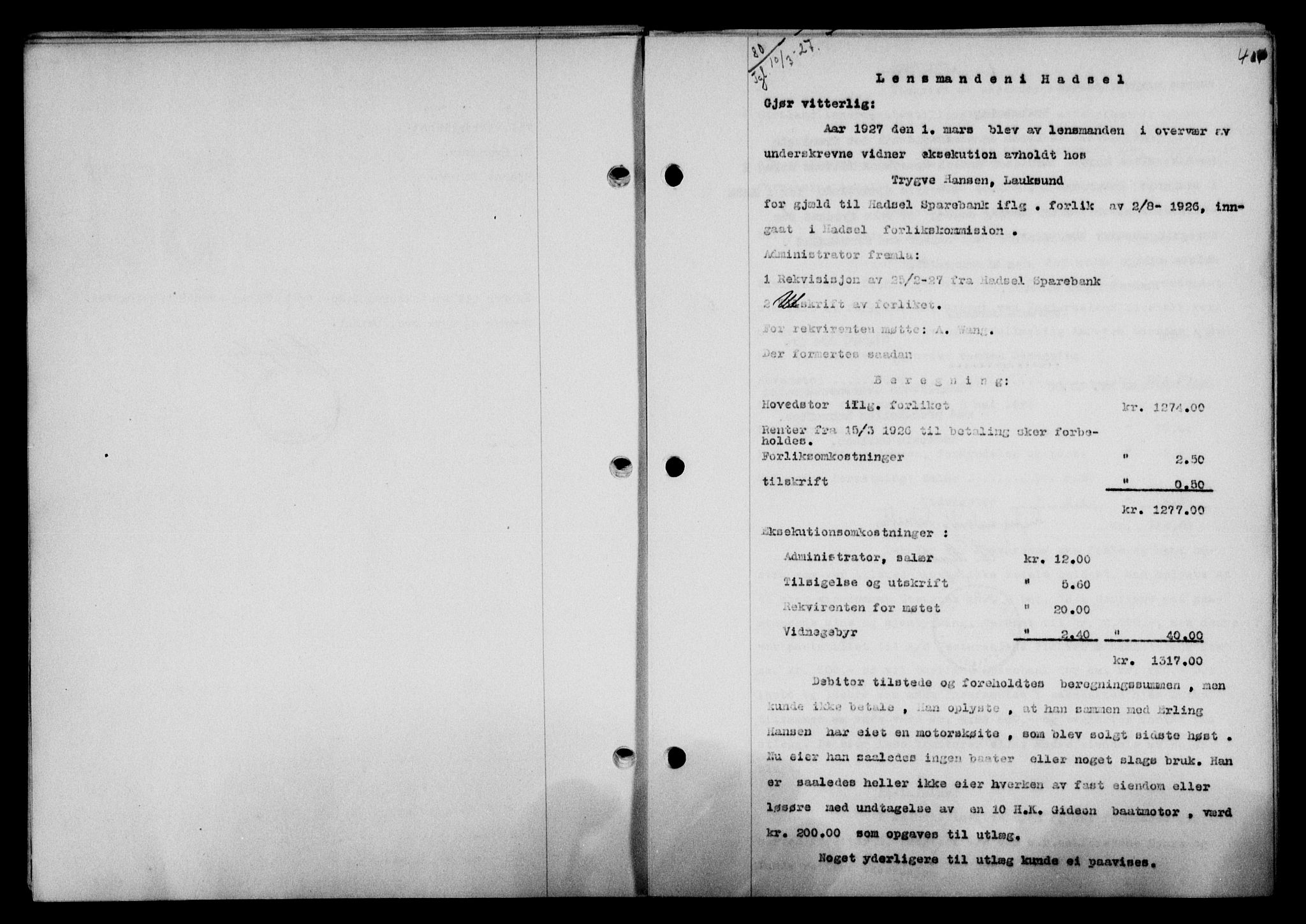 Vesterålen sorenskriveri, SAT/A-4180/1/2/2Ca/L0043: Pantebok nr. 36, 1926-1927, Tingl.dato: 10.03.1927