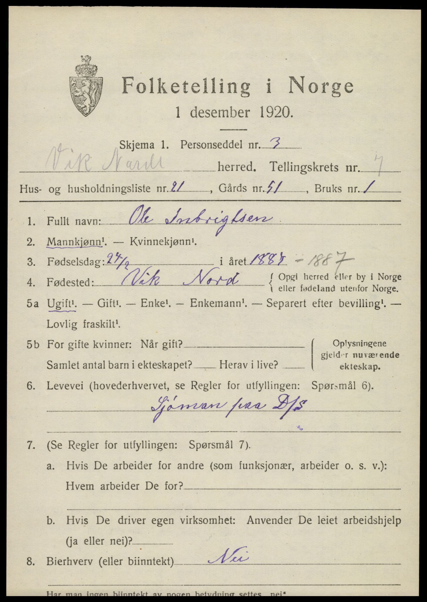 SAT, Folketelling 1920 for 1812 Vik herred, 1920, s. 4691