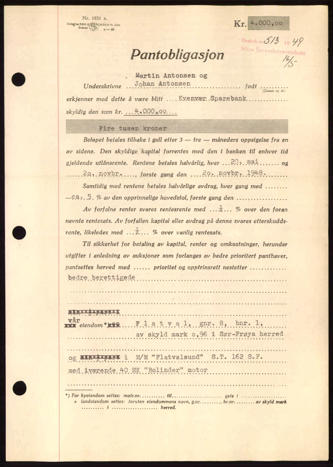 Hitra sorenskriveri, AV/SAT-A-0018/2/2C/2Ca: Pantebok nr. B1, 1939-1949, Dagboknr: 513/1949