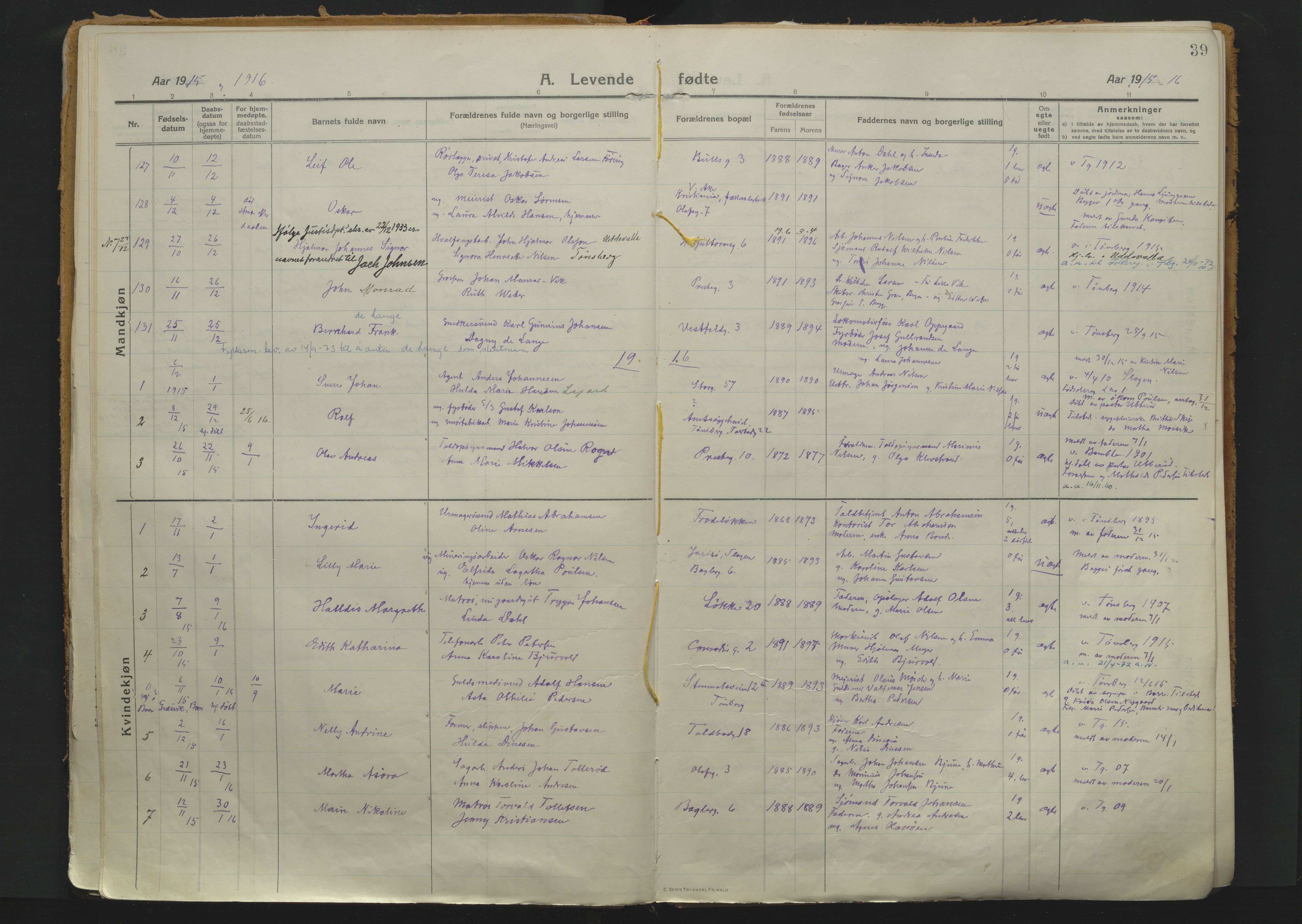 Tønsberg kirkebøker, AV/SAKO-A-330/F/Fa/L0017: Ministerialbok nr. I 17, 1913-1929, s. 39