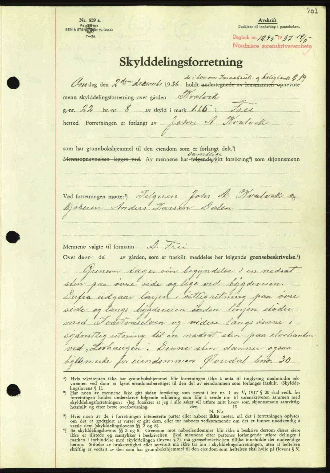 Nordmøre sorenskriveri, SAT/A-4132/1/2/2Ca: Pantebok nr. A81, 1937-1937, Dagboknr: 1295/1937