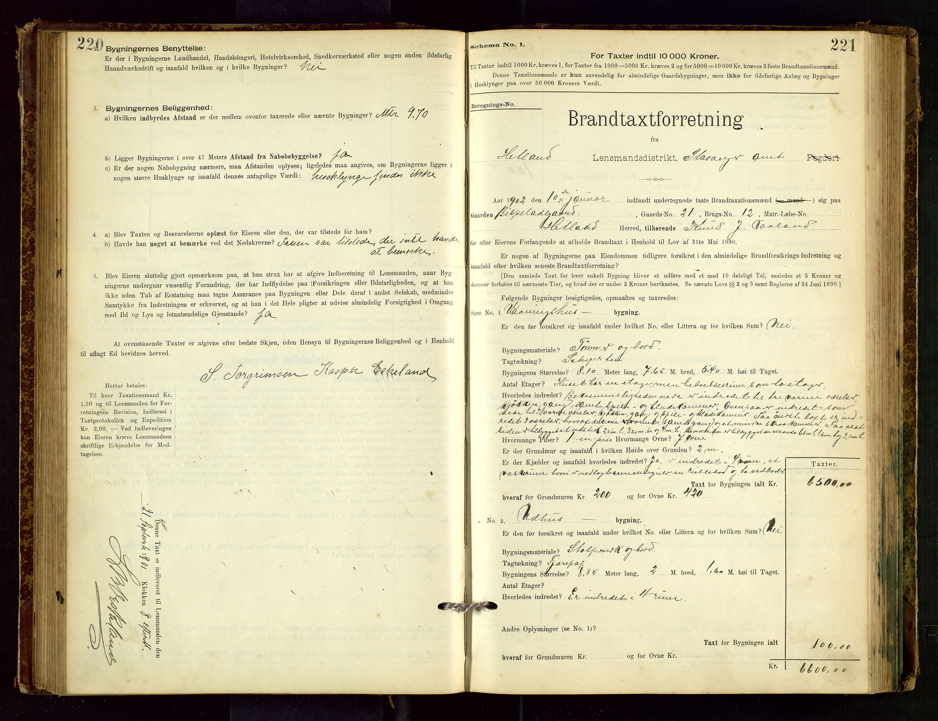 Hetland lensmannskontor, AV/SAST-A-100101/Gob/L0001: "Brandtaxationsprotokol", 1895-1918, s. 220-221