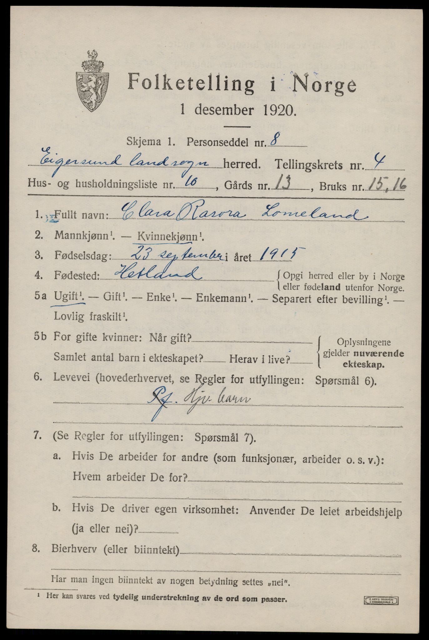 SAST, Folketelling 1920 for 1116 Eigersund herred, 1920, s. 2931