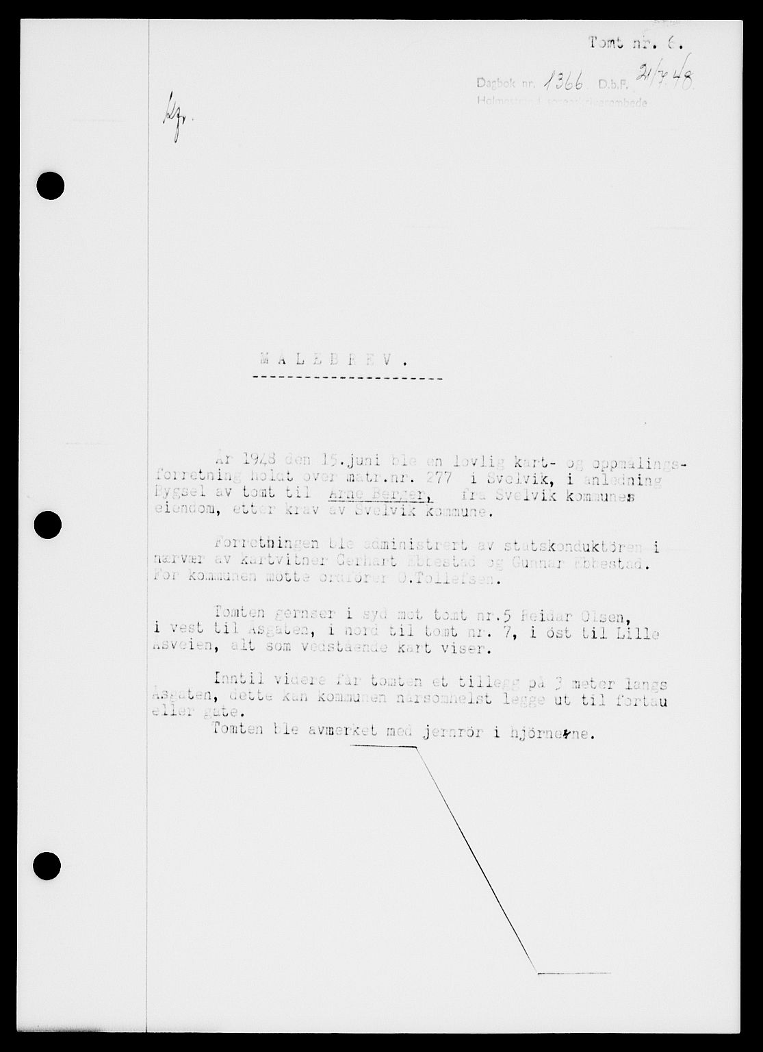 Holmestrand sorenskriveri, SAKO/A-67/G/Ga/Gaa/L0064: Pantebok nr. A-64, 1948-1948, Dagboknr: 1366/1948