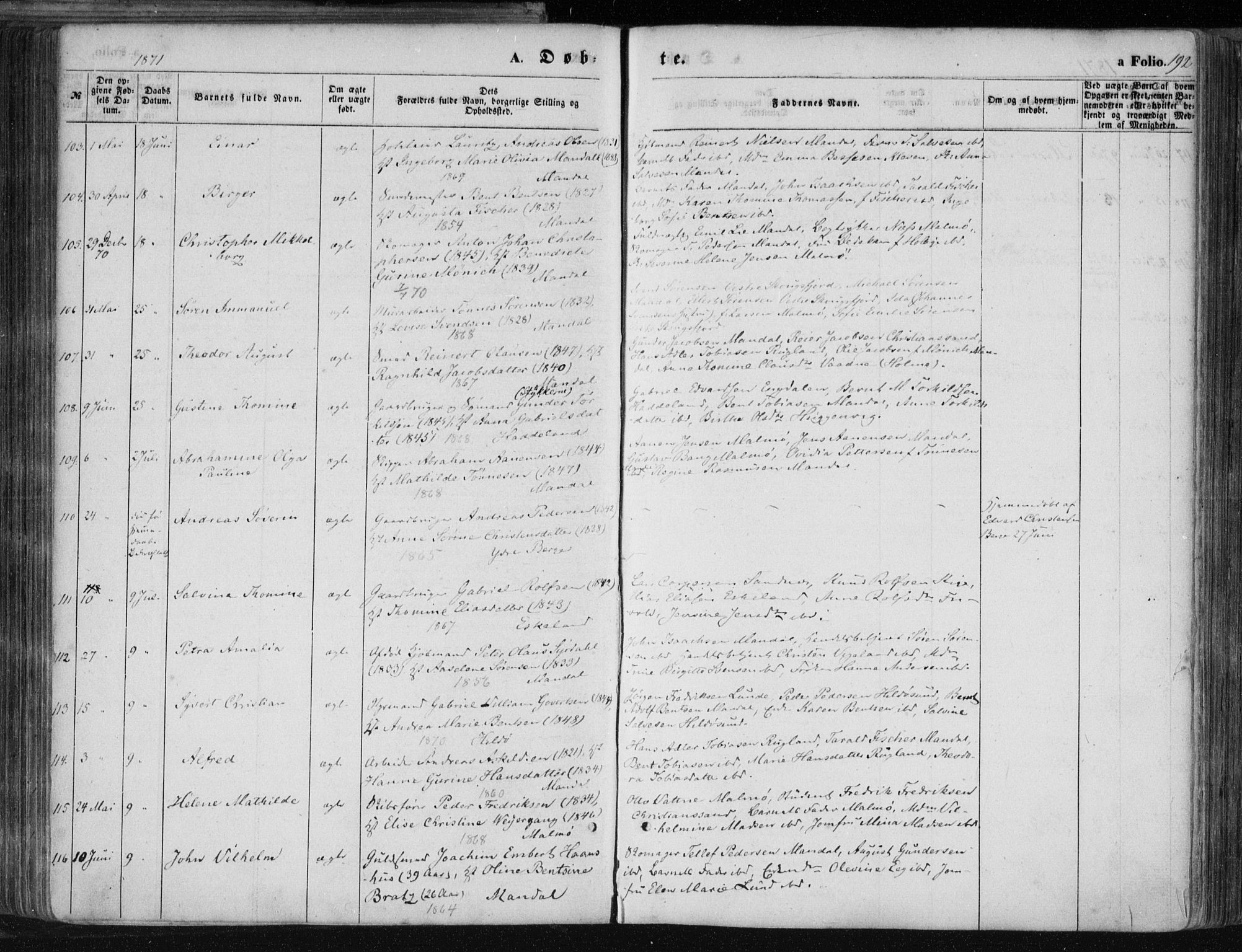 Mandal sokneprestkontor, AV/SAK-1111-0030/F/Fa/Faa/L0014: Ministerialbok nr. A 14, 1859-1872, s. 192