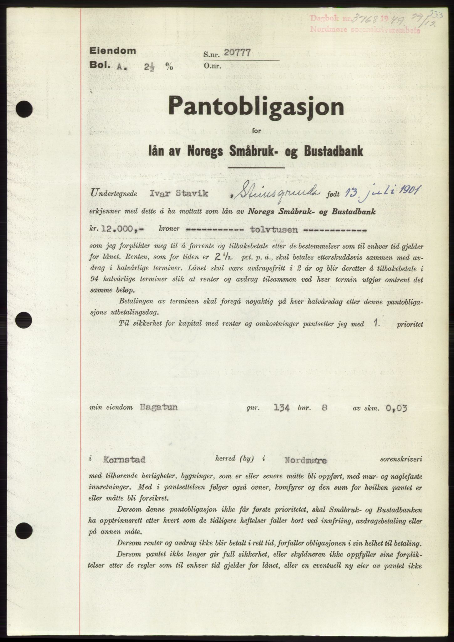 Nordmøre sorenskriveri, SAT/A-4132/1/2/2Ca: Pantebok nr. B103, 1949-1950, Dagboknr: 3768/1949