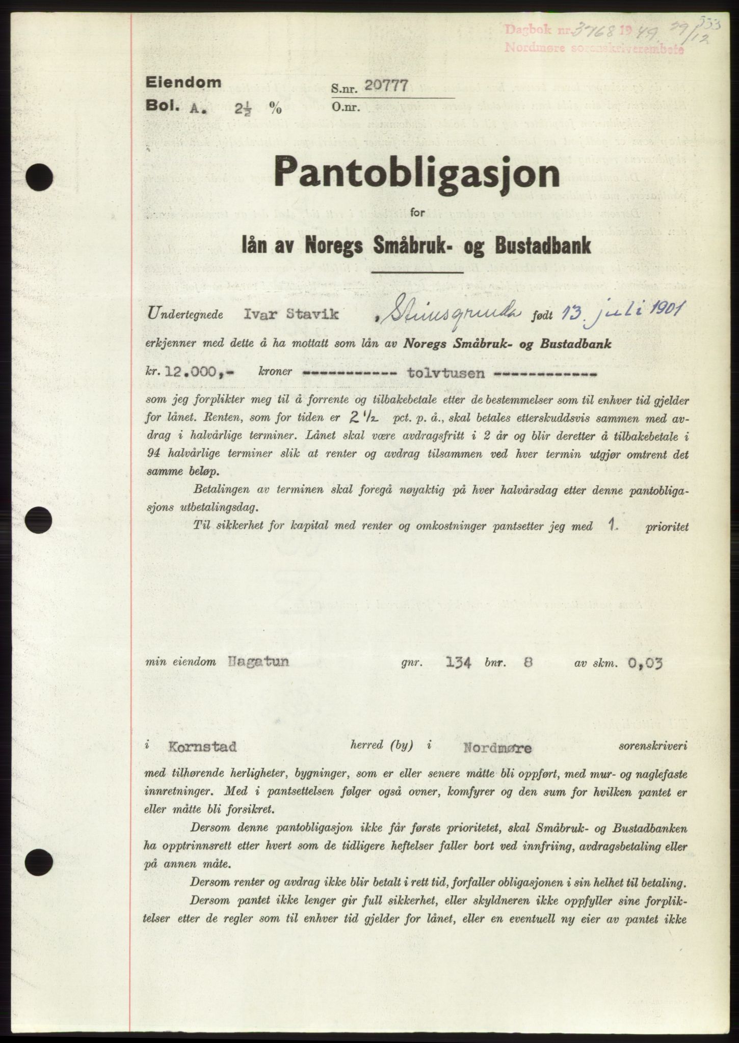 Nordmøre sorenskriveri, AV/SAT-A-4132/1/2/2Ca: Pantebok nr. B103, 1949-1950, Dagboknr: 3768/1949