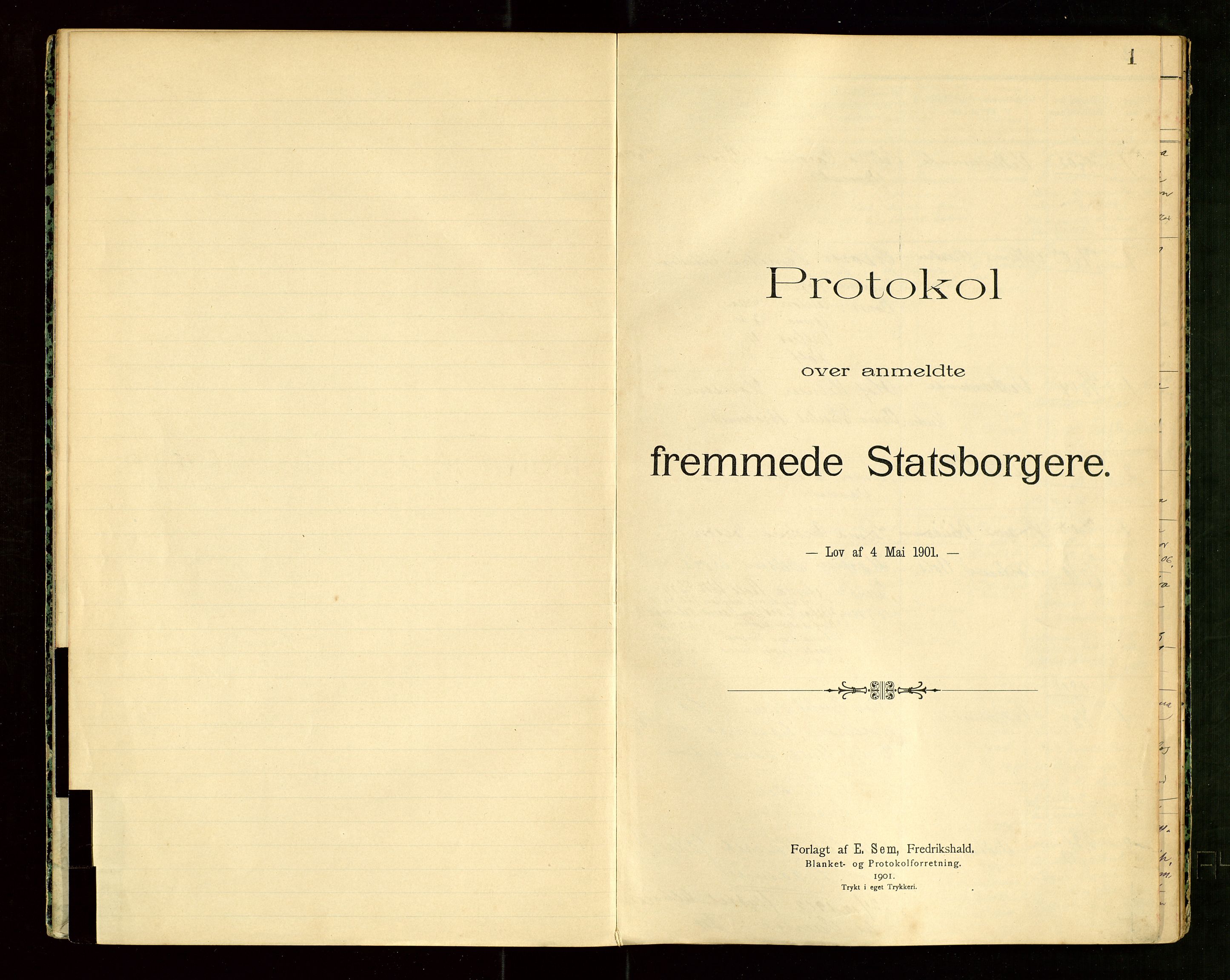 Time lensmannskontor, SAST/A-100420/Fea/L0001: "Protokol over anmeldte fremmede Statsborgere", 1902-1950, s. 1